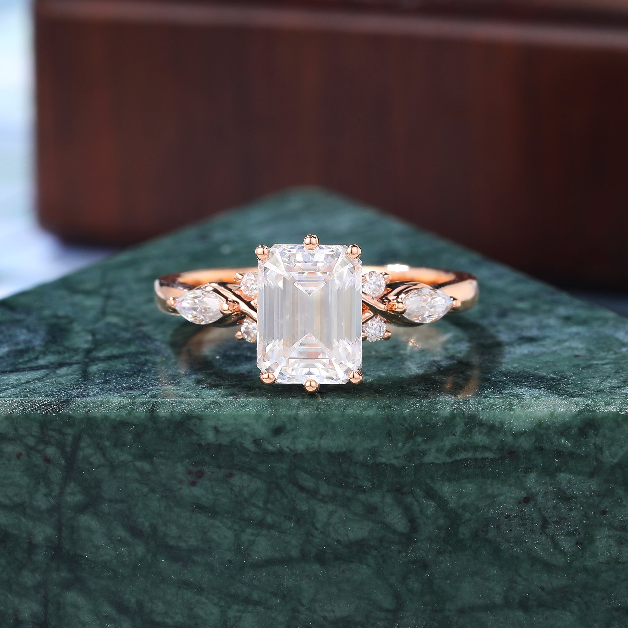 Cluster 1.73ct Emerald cut Lab grown Diamond engagement ring  10/14/18k