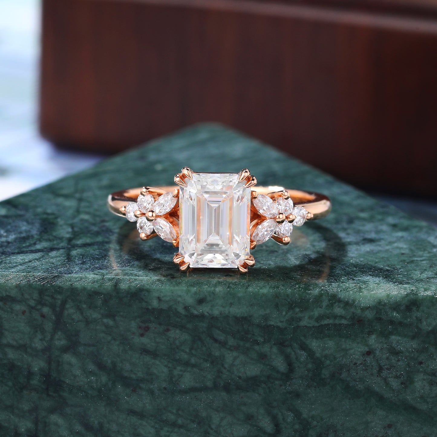 1.68ct Emerald cut moissanite engagement ring, Cluster rose gold ring anniversary gift 14/18k gold