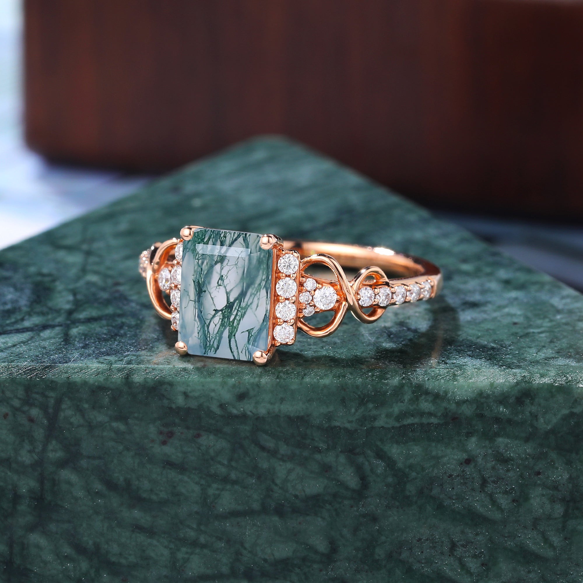 Emerald cut Moss agate engagement ring S925/10k/14k/18k gold ring