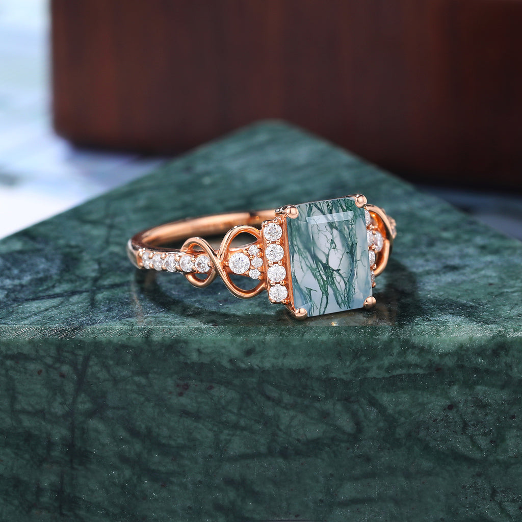 Emerald cut Moss agate engagement ring S925/10k/14k/18k gold ring