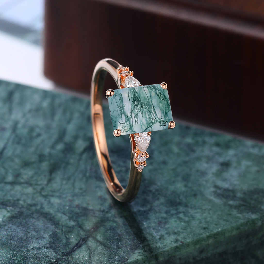 Emerald cut Moss agate rose gold engagement ring S925/10k/14k/18k gold ring,  rose/white gold ring