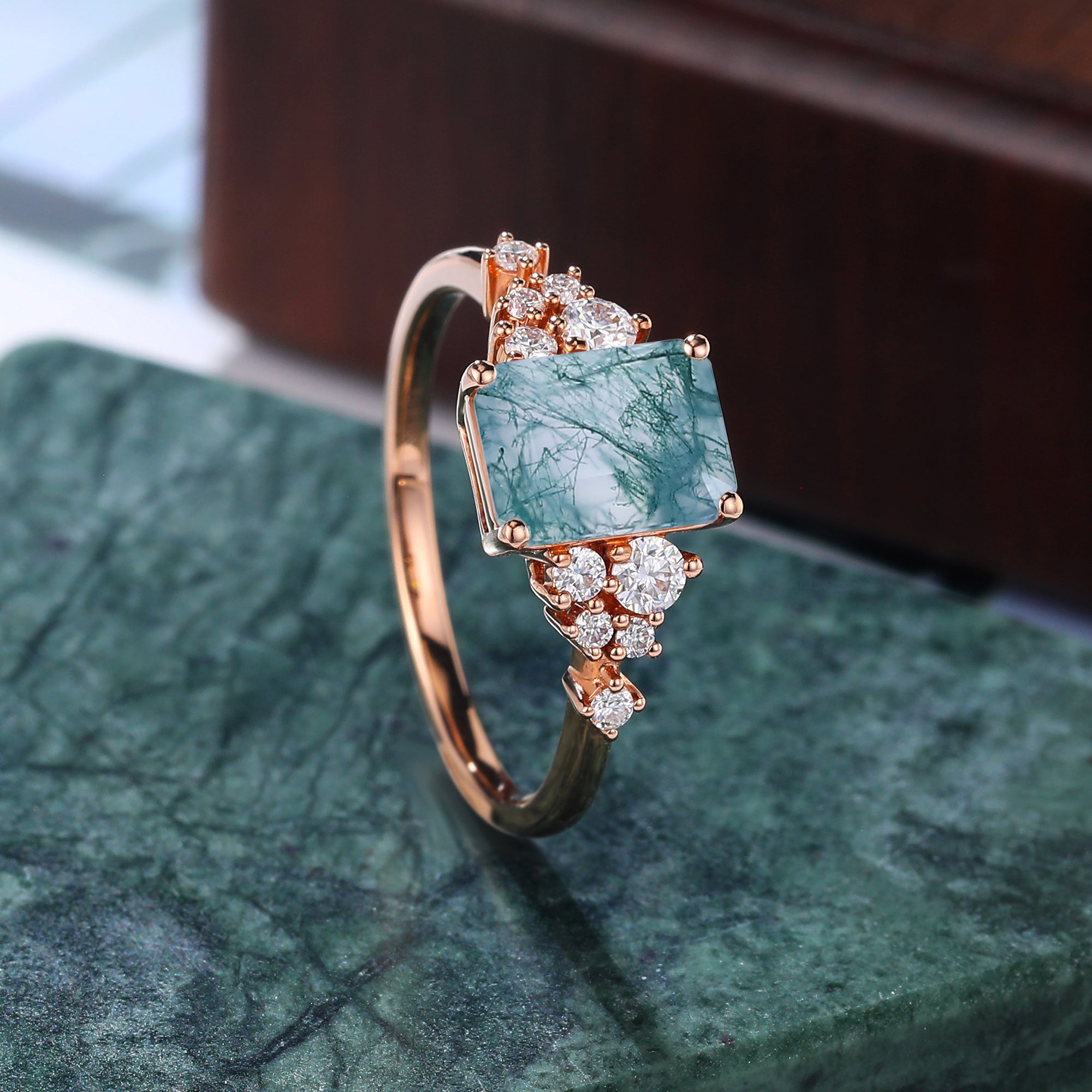 Emerald cut  Moss agate engagement ring. S925/10k/14k/18k gold , rose/white/yellow gold ring