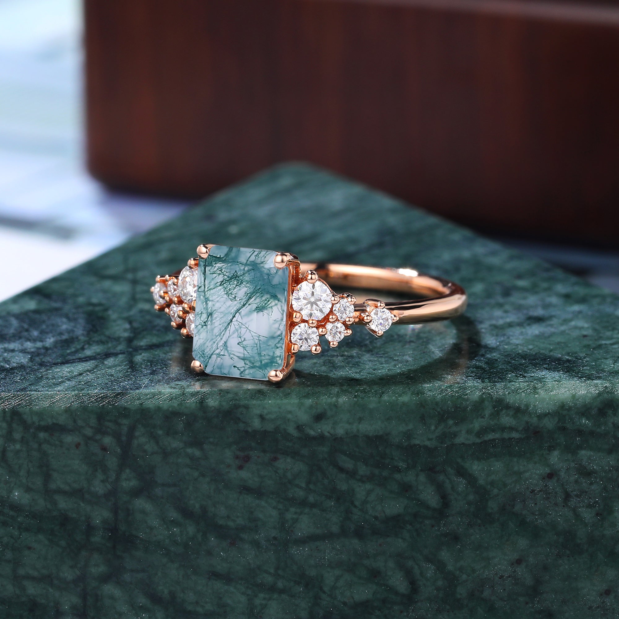 Emerald cut  Moss agate engagement ring. S925/10k/14k/18k gold , rose/white/yellow gold ring