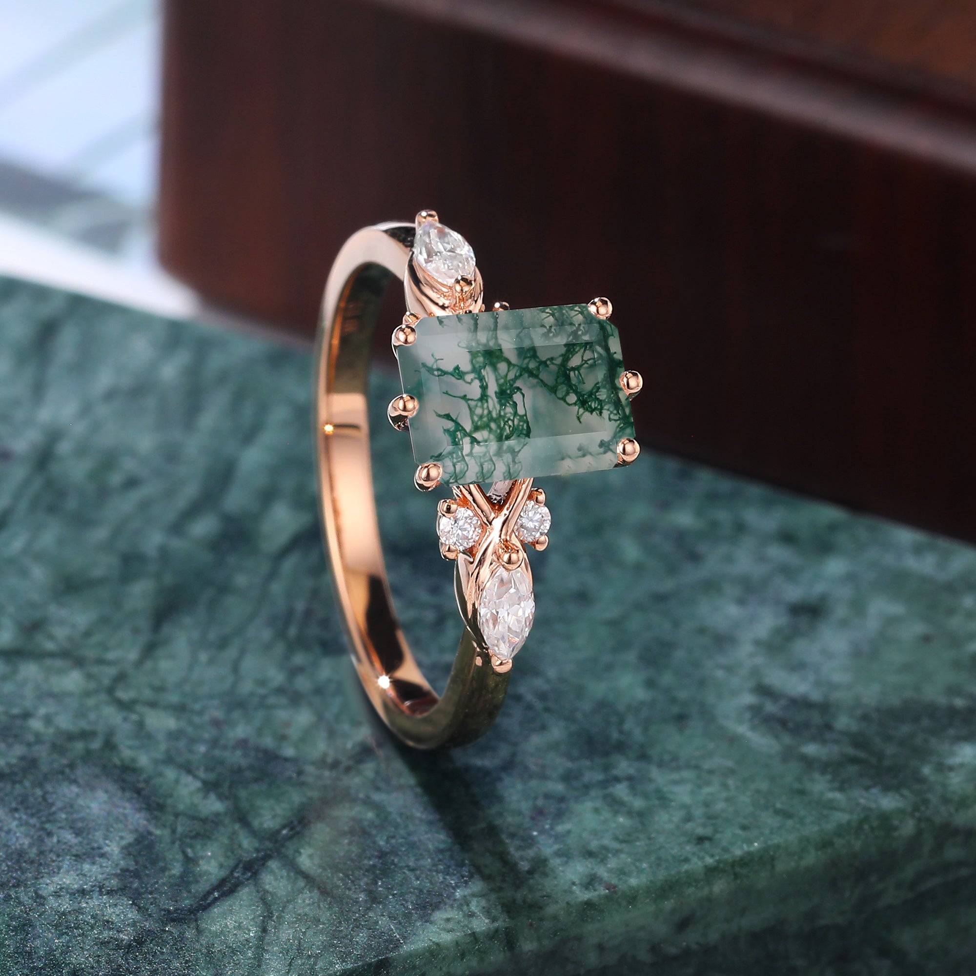 Emerald cut Moss agate engagement ring S925/10k/14k/18k gold. unique bridal ring rose/white/yellow gold ring