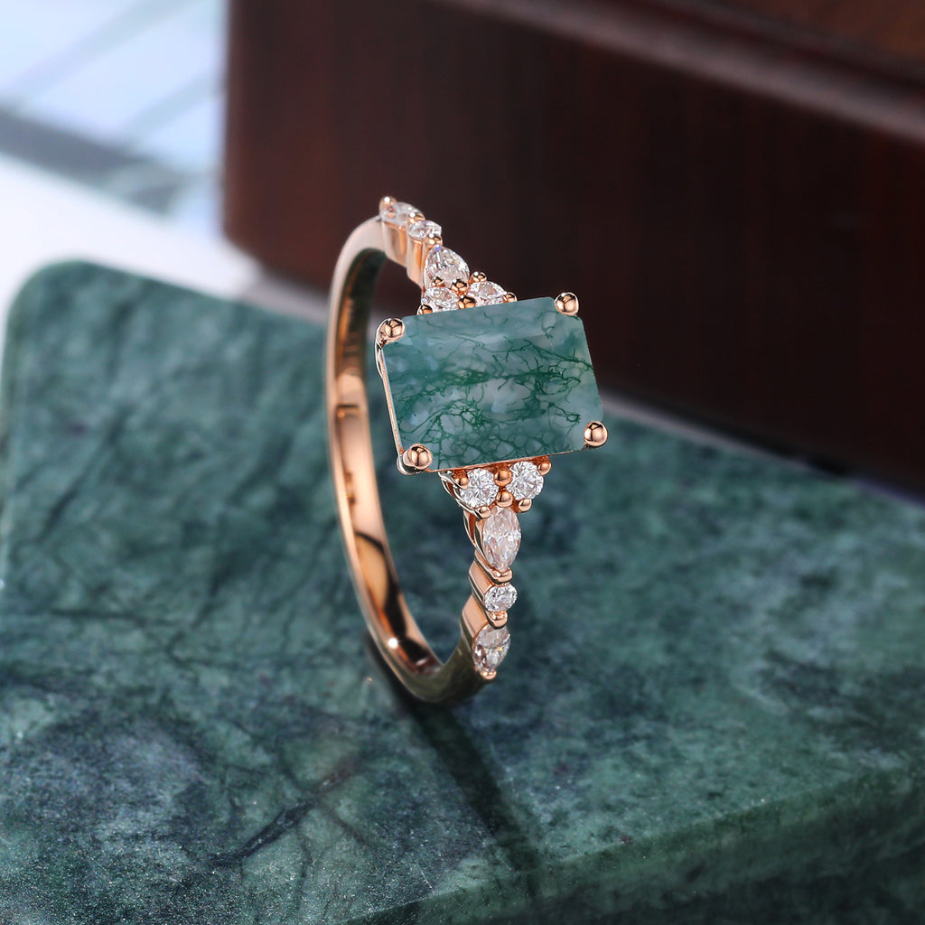 Emerald cut Moss agate engagement ring S925/10k/14k/18k , rose/white/yellow gold