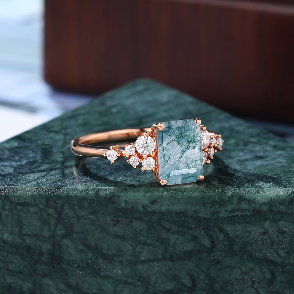 Emerald cut  Moss agate engagement ring. S925/10k/14k/18k gold , rose/white/yellow gold ring