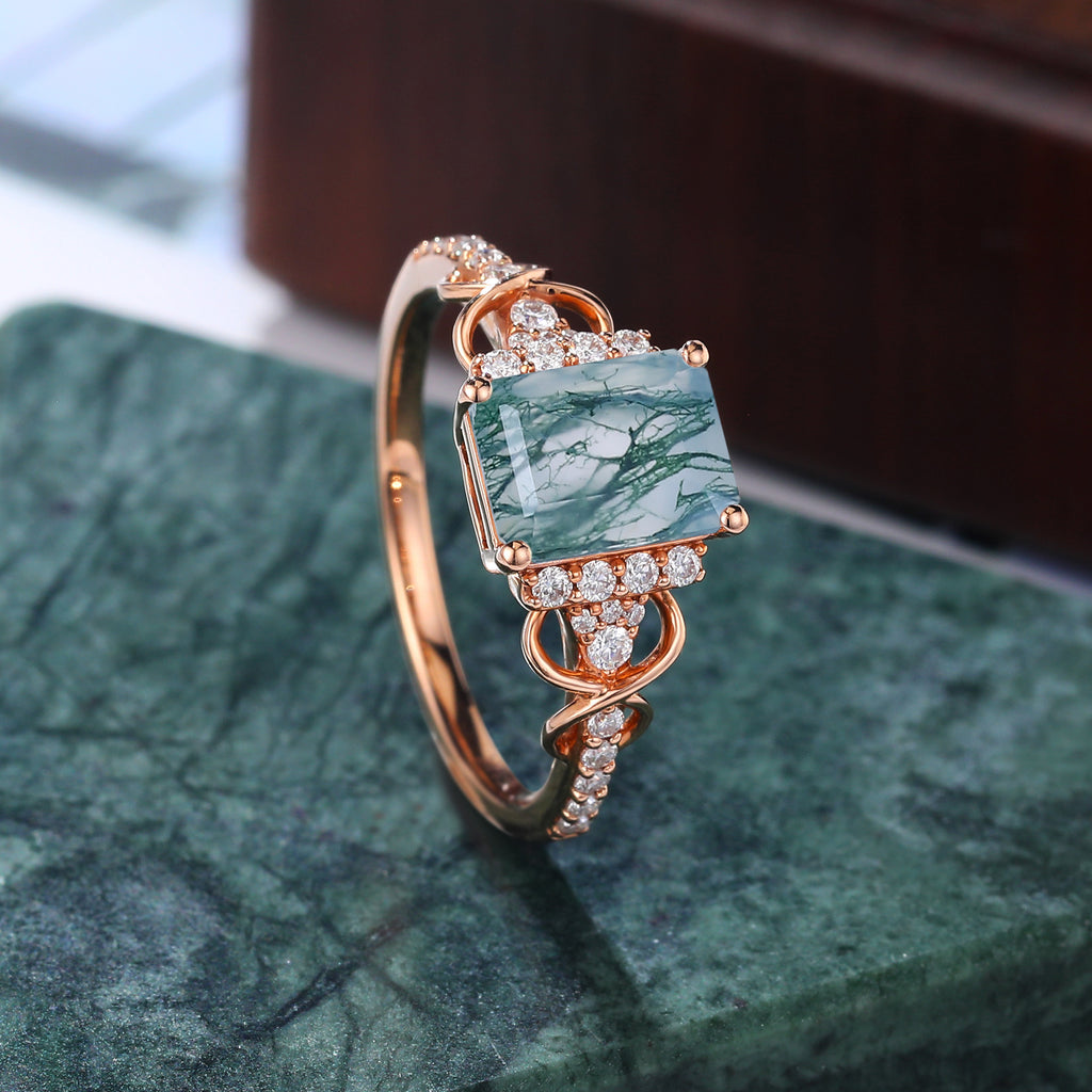 Emerald cut Moss agate engagement ring S925/10k/14k/18k gold ring