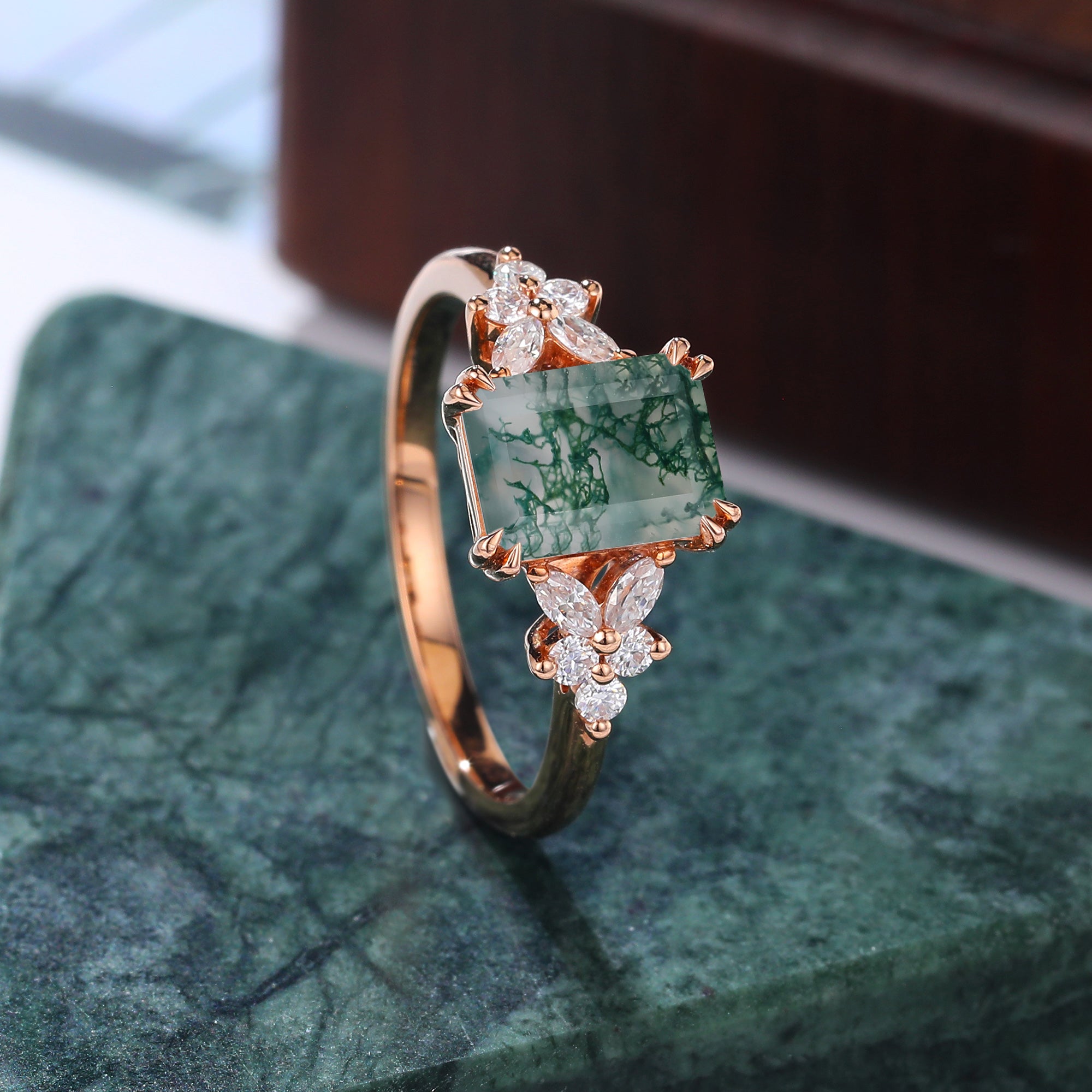 Emerald cut Moss agate rose gold engagement ring S925/10k/14k/18k gold