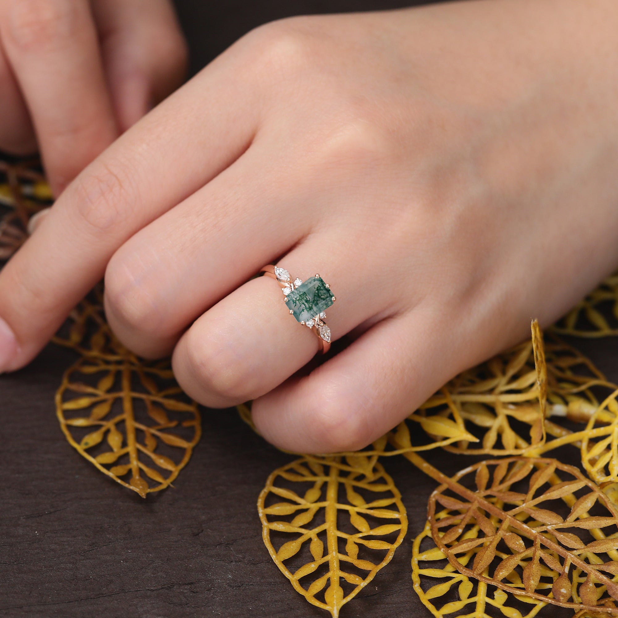 Emerald cut Moss agate engagement ring S925/10k/14k/18k gold. unique bridal ring rose/white/yellow gold ring
