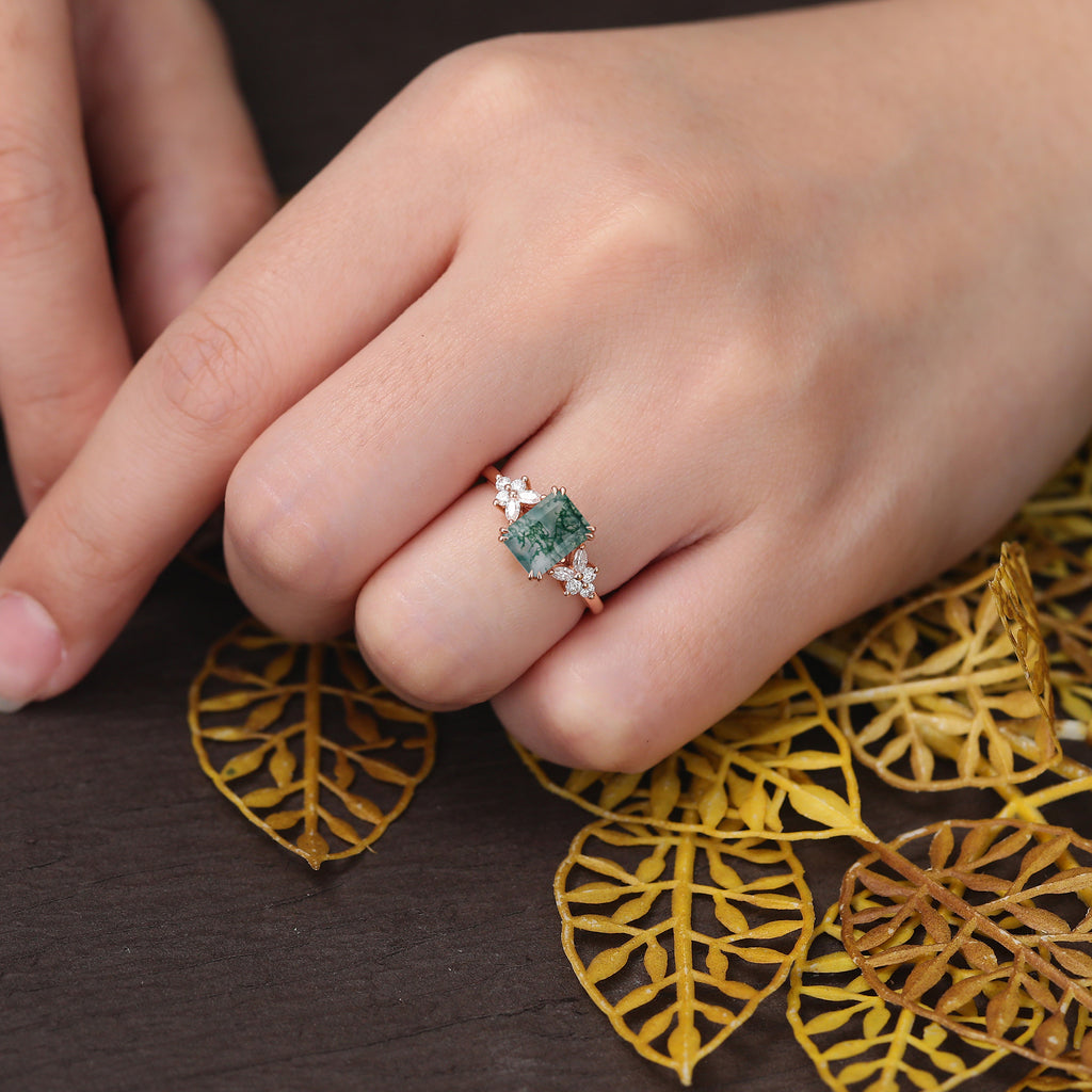 Emerald cut Moss agate rose gold engagement ring S925/10k/14k/18k gold