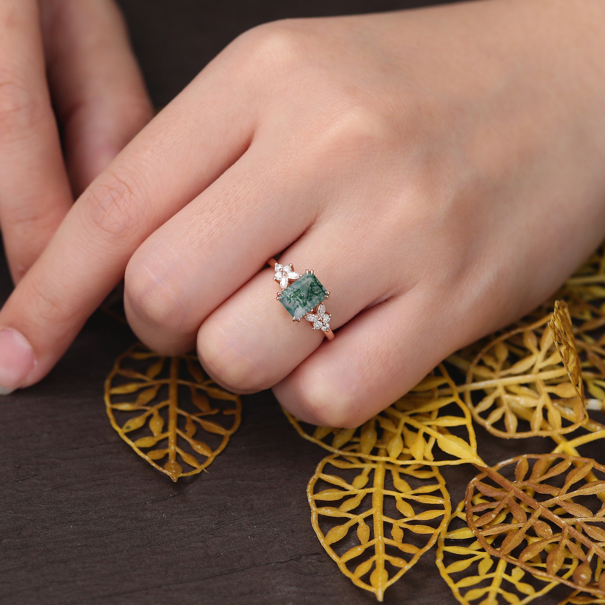 Emerald cut Moss agate rose gold engagement ring S925/10k/14k/18k gold