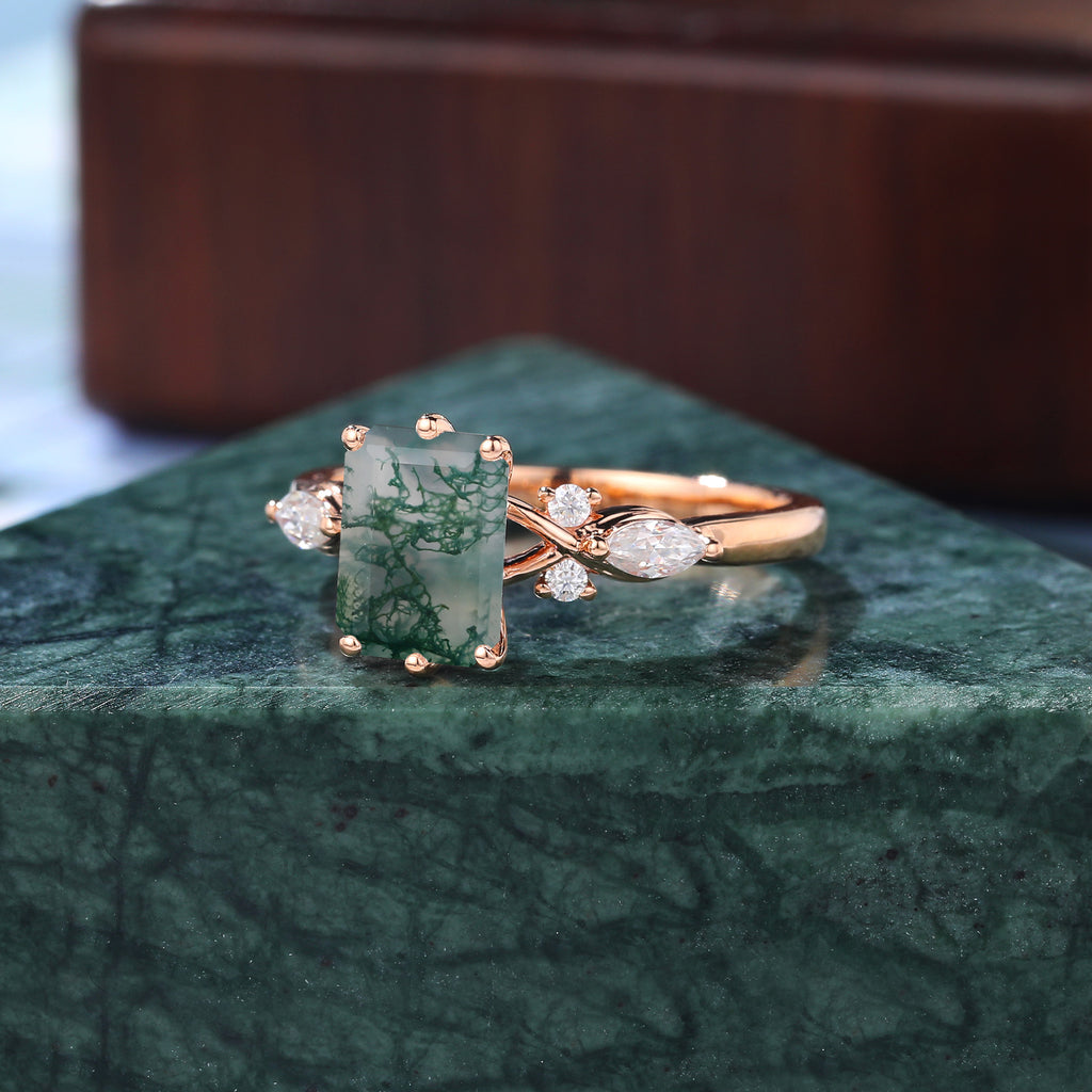 Emerald cut Moss agate engagement ring S925/10k/14k/18k gold. unique bridal ring rose/white/yellow gold ring