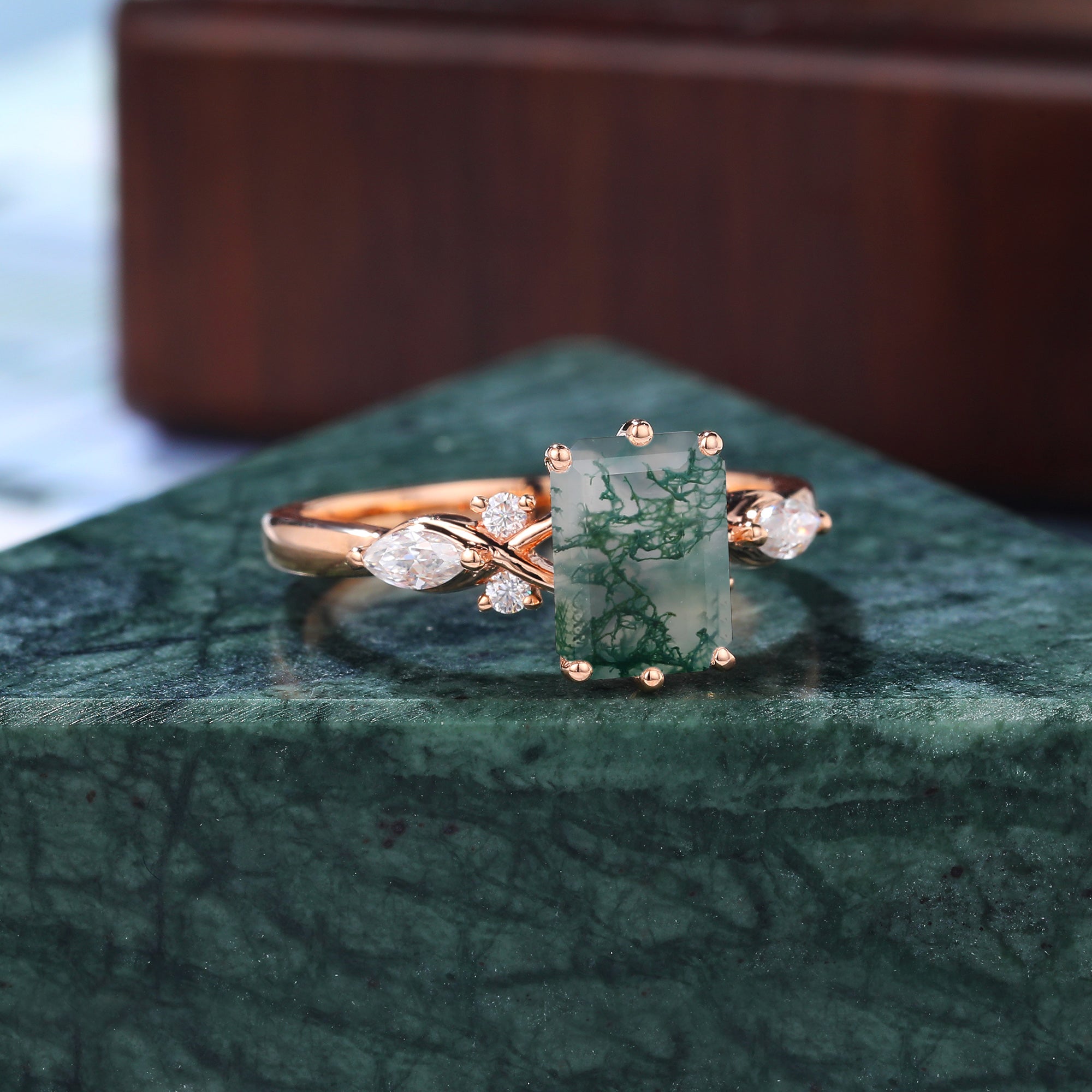 Emerald cut Moss agate engagement ring S925/10k/14k/18k gold. unique bridal ring rose/white/yellow gold ring