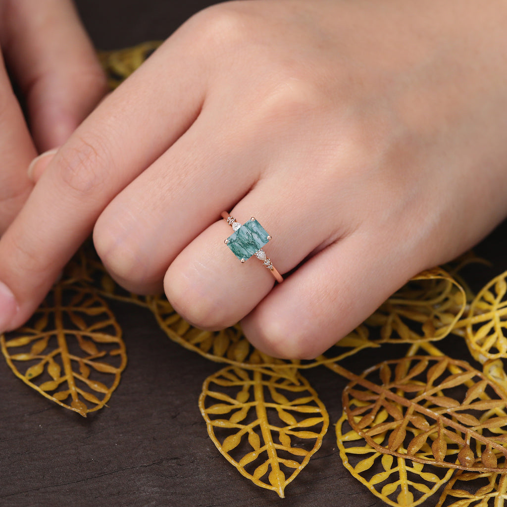 Emerald cut Moss agate rose gold engagement ring S925/10k/14k/18k gold ring,  rose/white gold ring