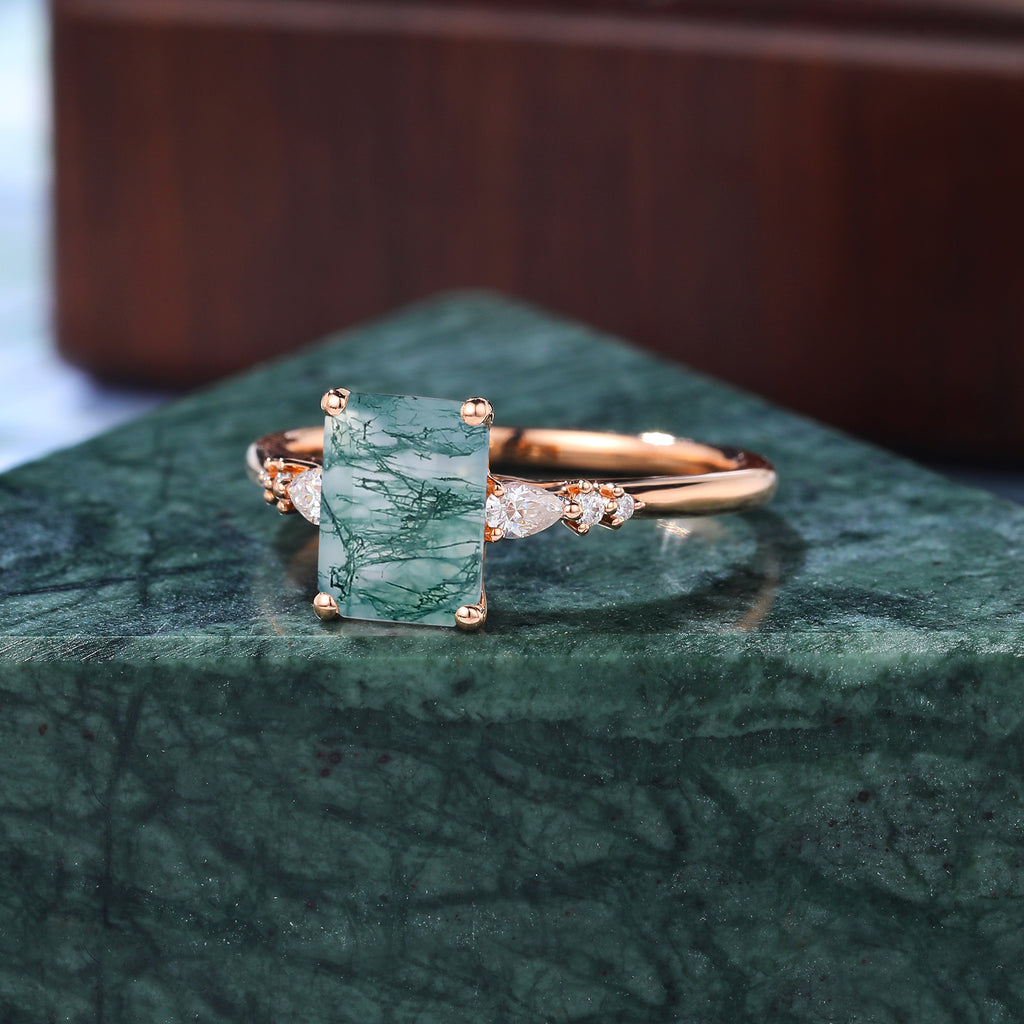 Emerald cut Moss agate rose gold engagement ring S925/10k/14k/18k gold ring,  rose/white gold ring