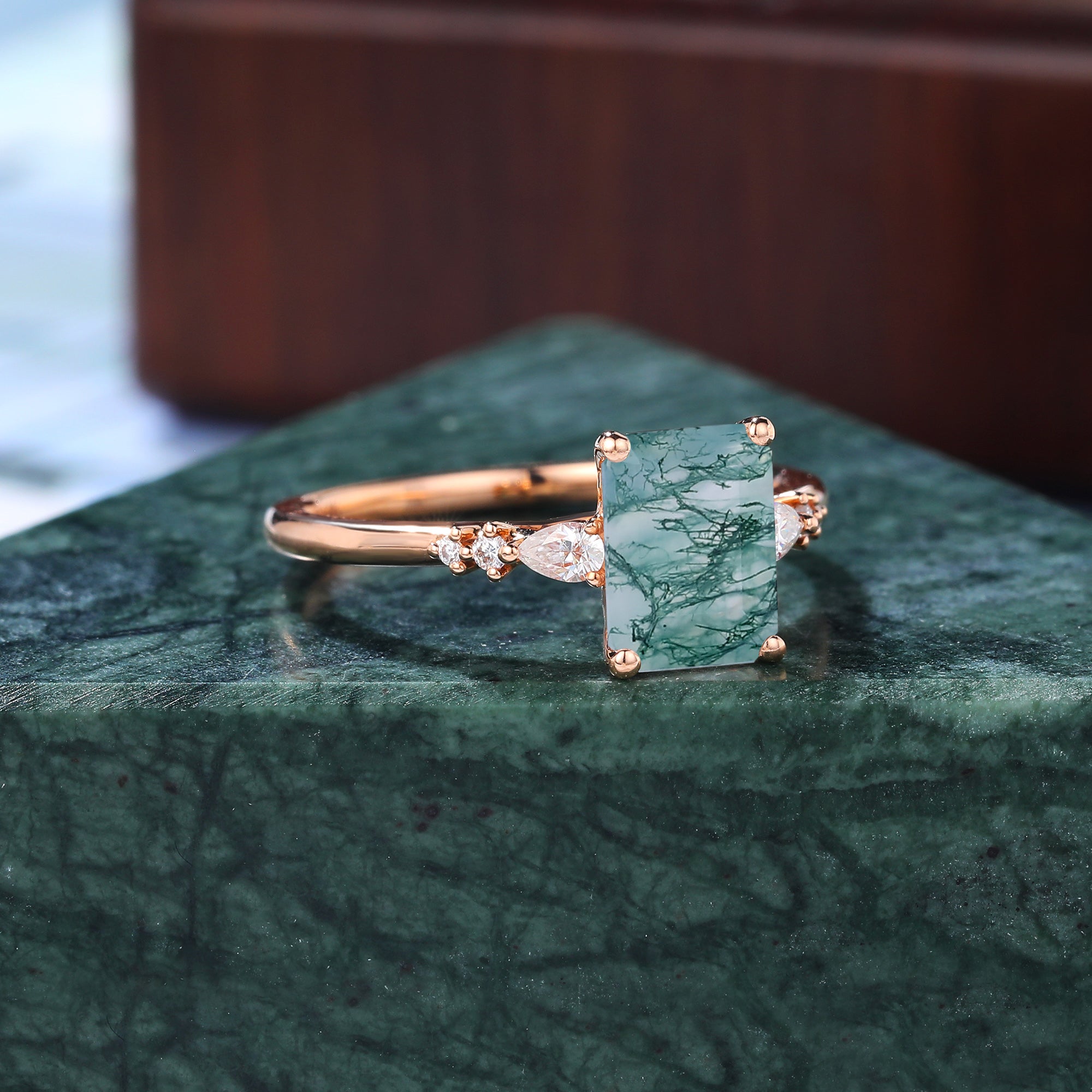 Emerald cut Moss agate rose gold engagement ring S925/10k/14k/18k gold ring,  rose/white gold ring