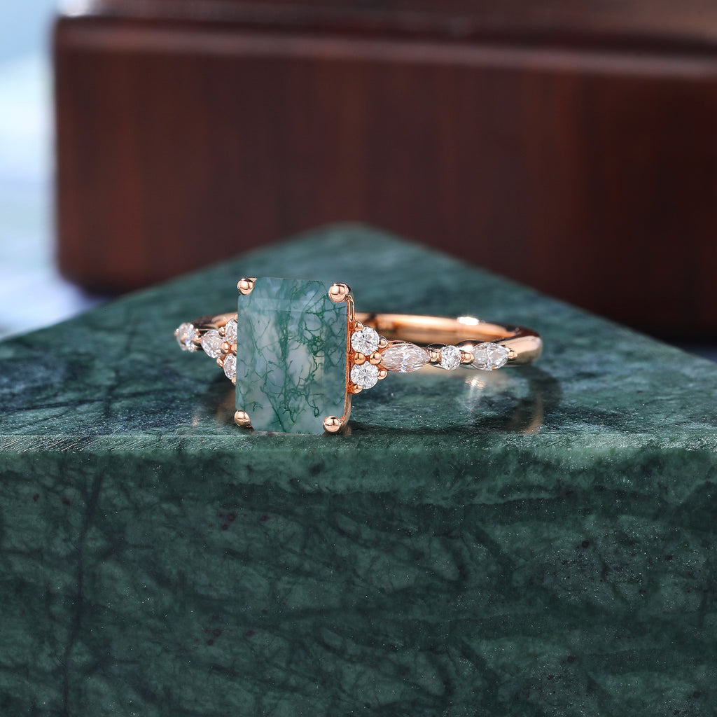 Emerald cut Moss agate engagement ring S925/10k/14k/18k , rose/white/yellow gold