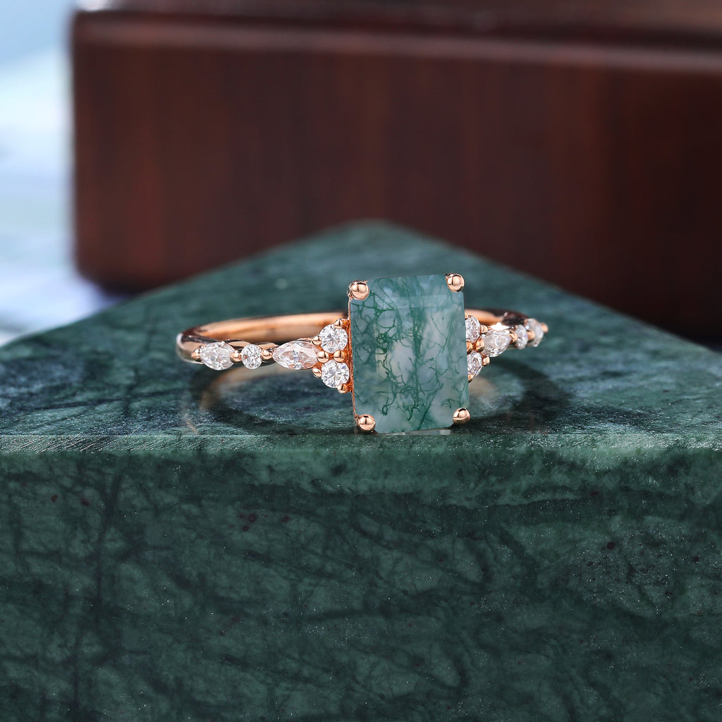 Emerald cut Moss agate engagement ring S925/10k/14k/18k , rose/white/yellow gold