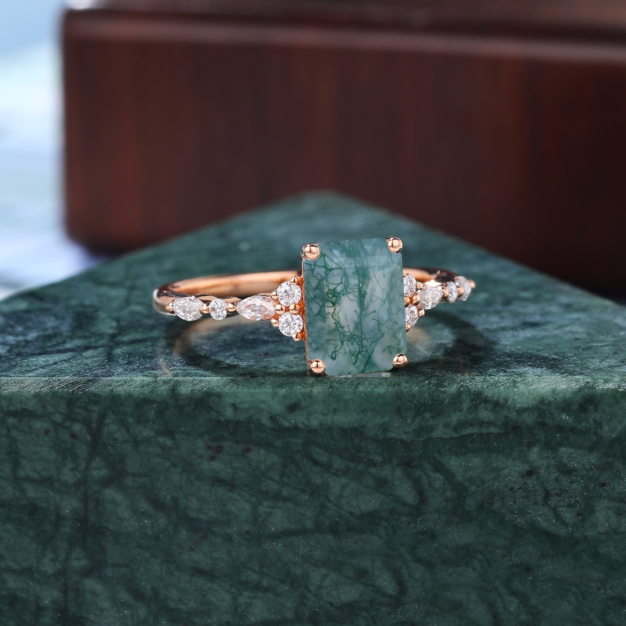 Emerald cut Moss agate engagement ring S925/10k/14k/18k , rose/white/yellow gold