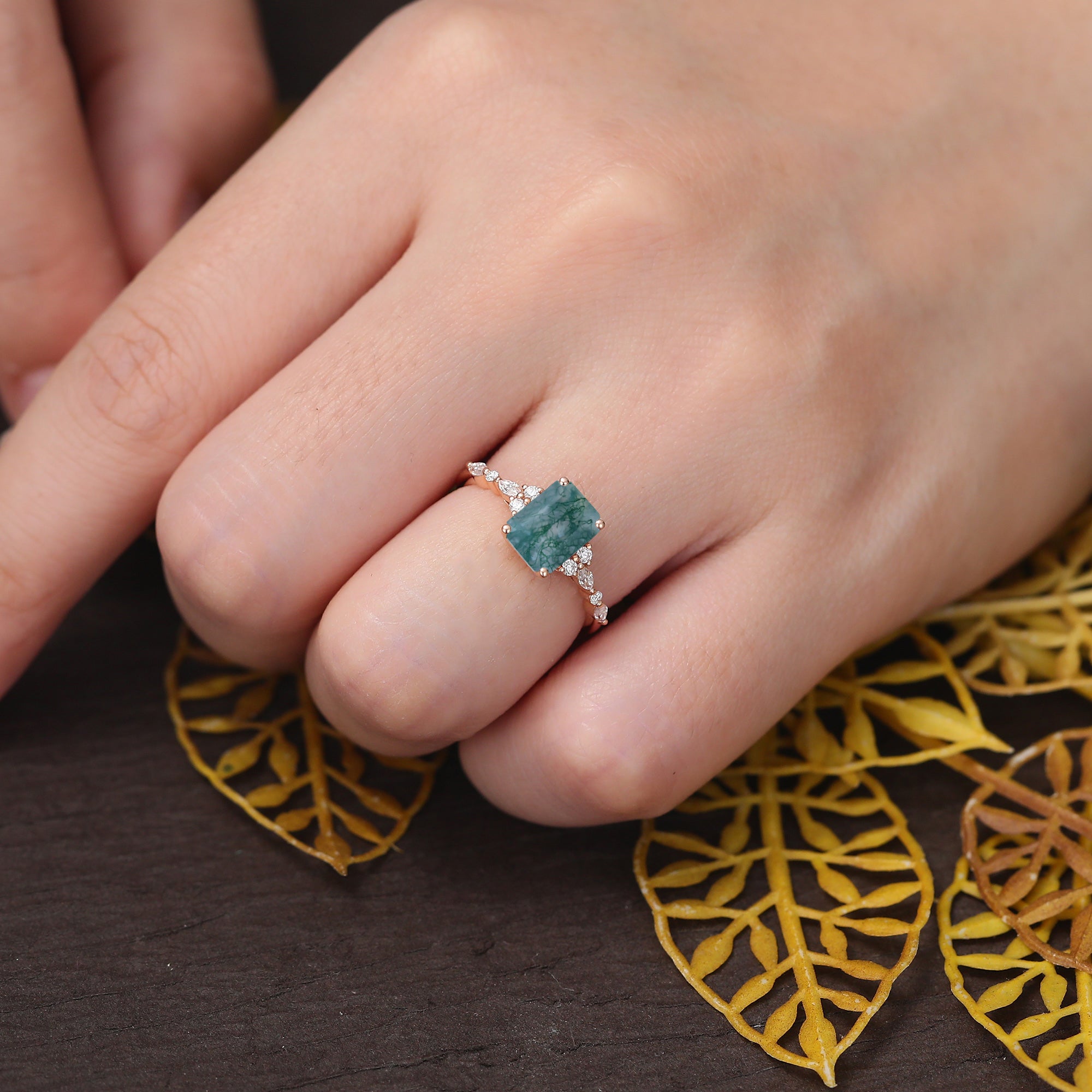 Emerald cut Moss agate engagement ring S925/10k/14k/18k , rose/white/yellow gold