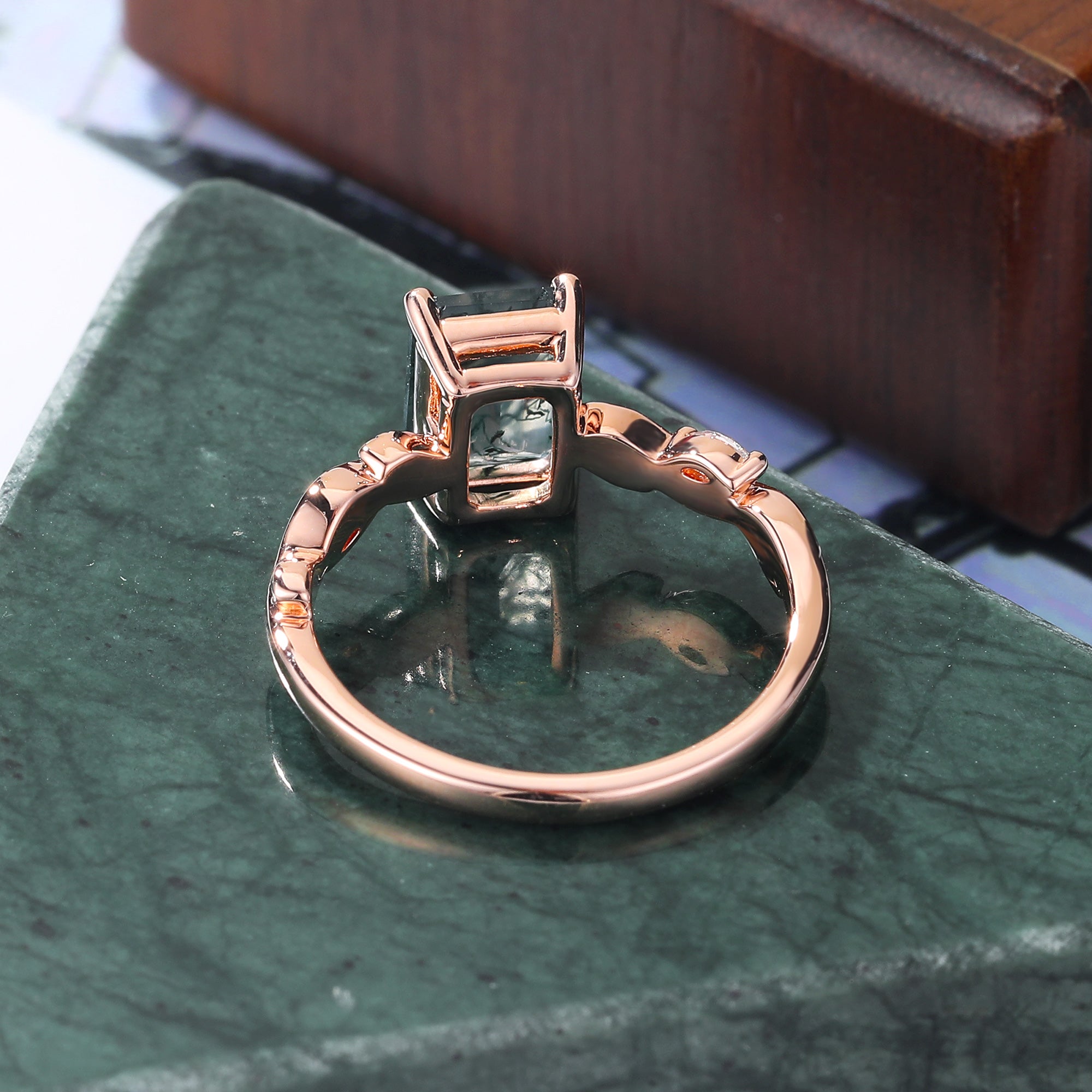 Emerald cut Moss Agate engagement ring 925silver/10k/14k/18k gold , unique moissanite Bridal ring