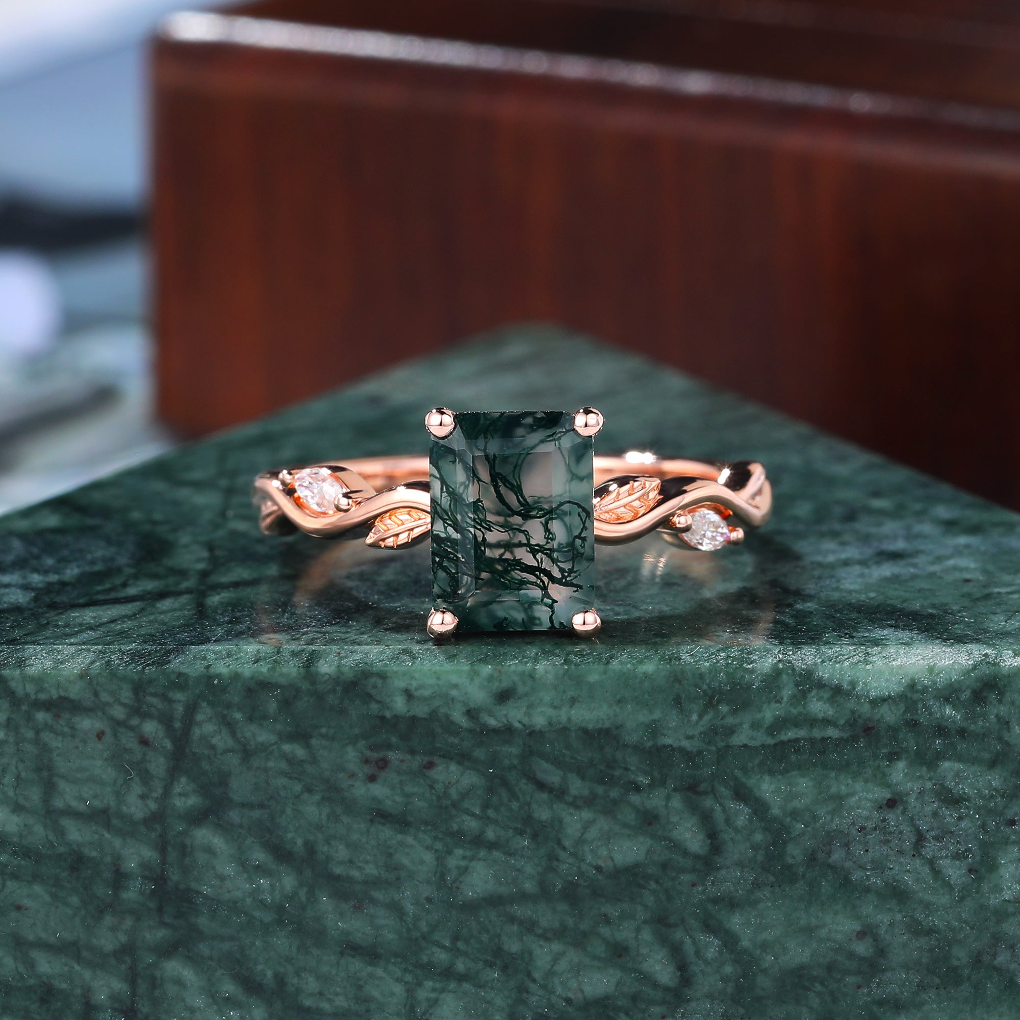 Emerald cut Moss Agate engagement ring 925silver/10k/14k/18k gold , unique moissanite Bridal ring