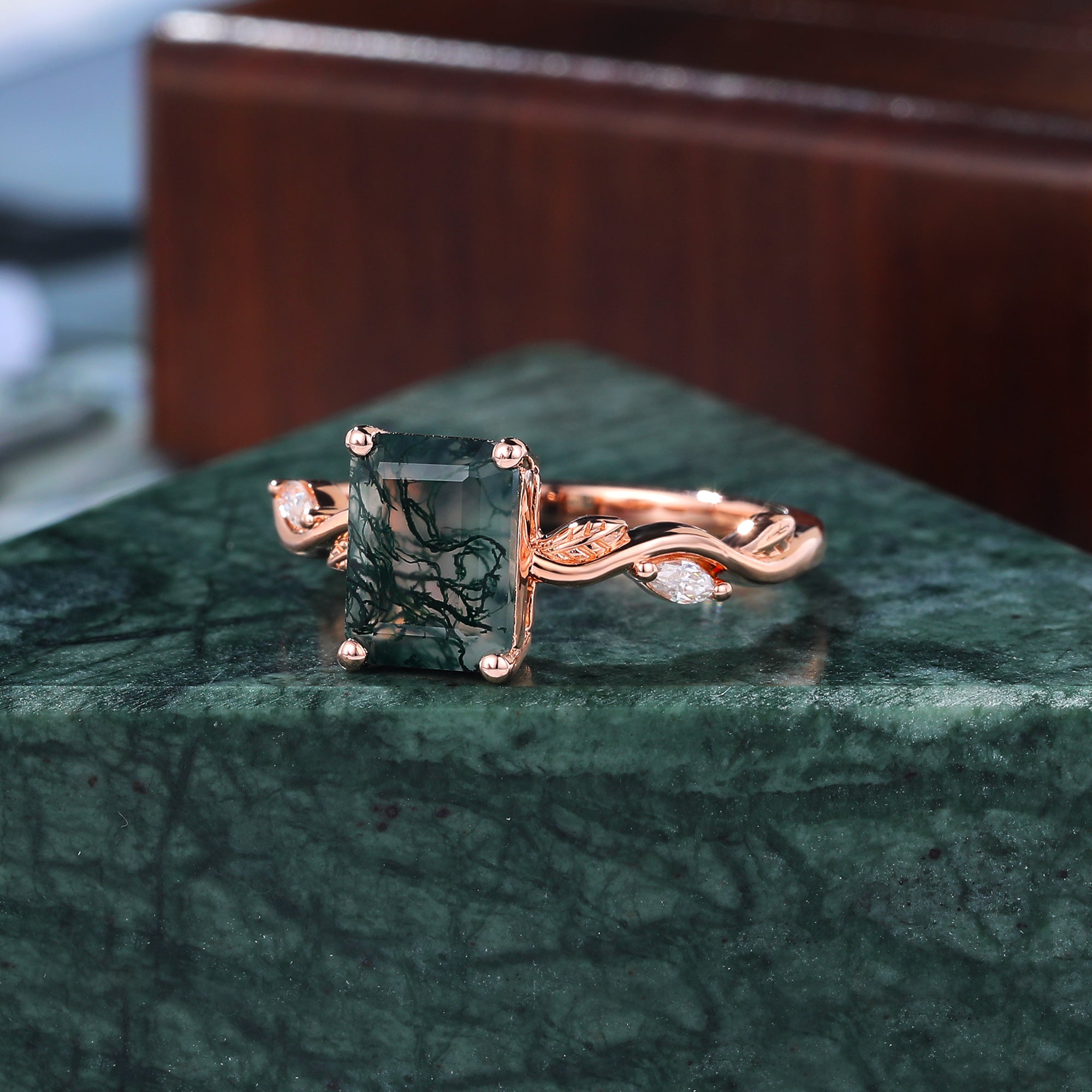 Emerald cut Moss Agate engagement ring 925silver/10k/14k/18k gold , unique moissanite Bridal ring