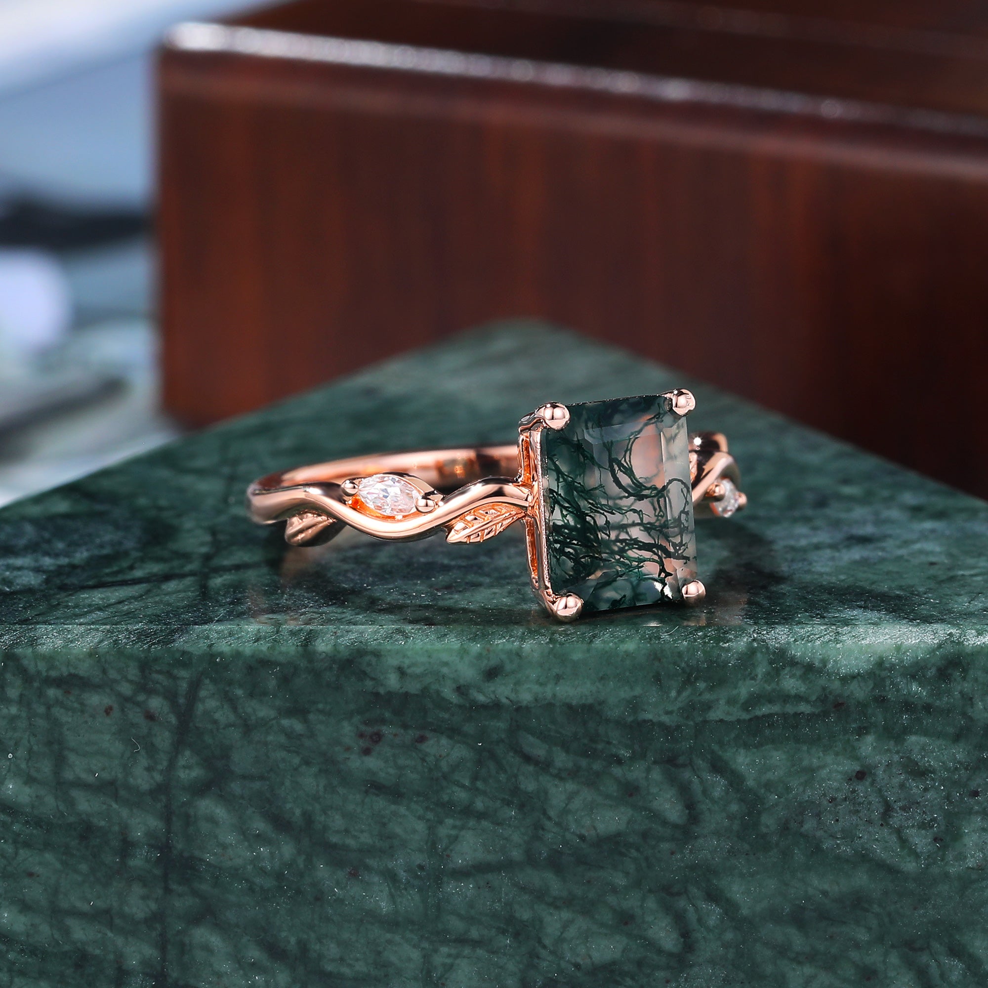 Emerald cut Moss Agate engagement ring 925silver/10k/14k/18k gold , unique moissanite Bridal ring