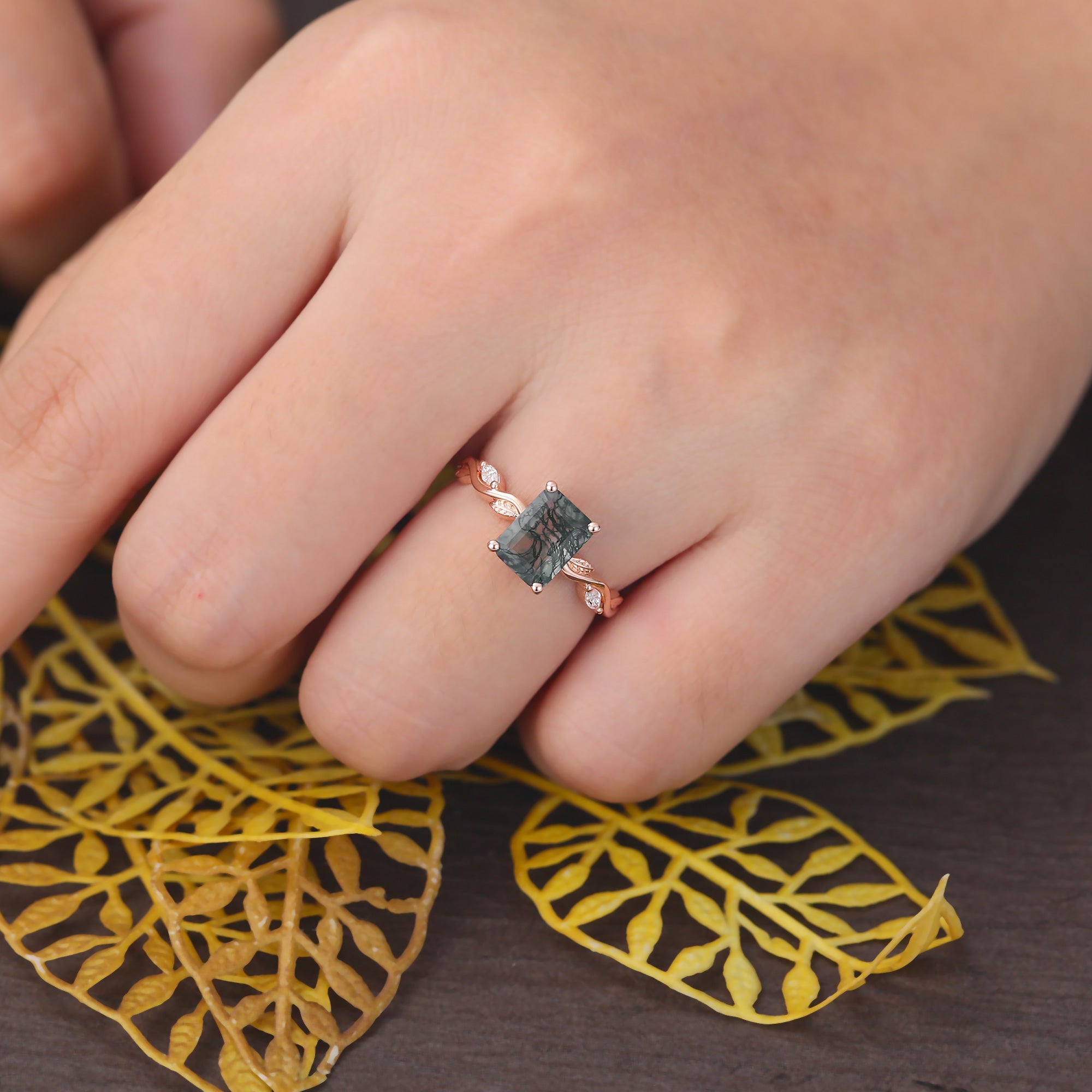 Emerald cut Moss Agate engagement ring 925silver/10k/14k/18k gold , unique moissanite Bridal ring