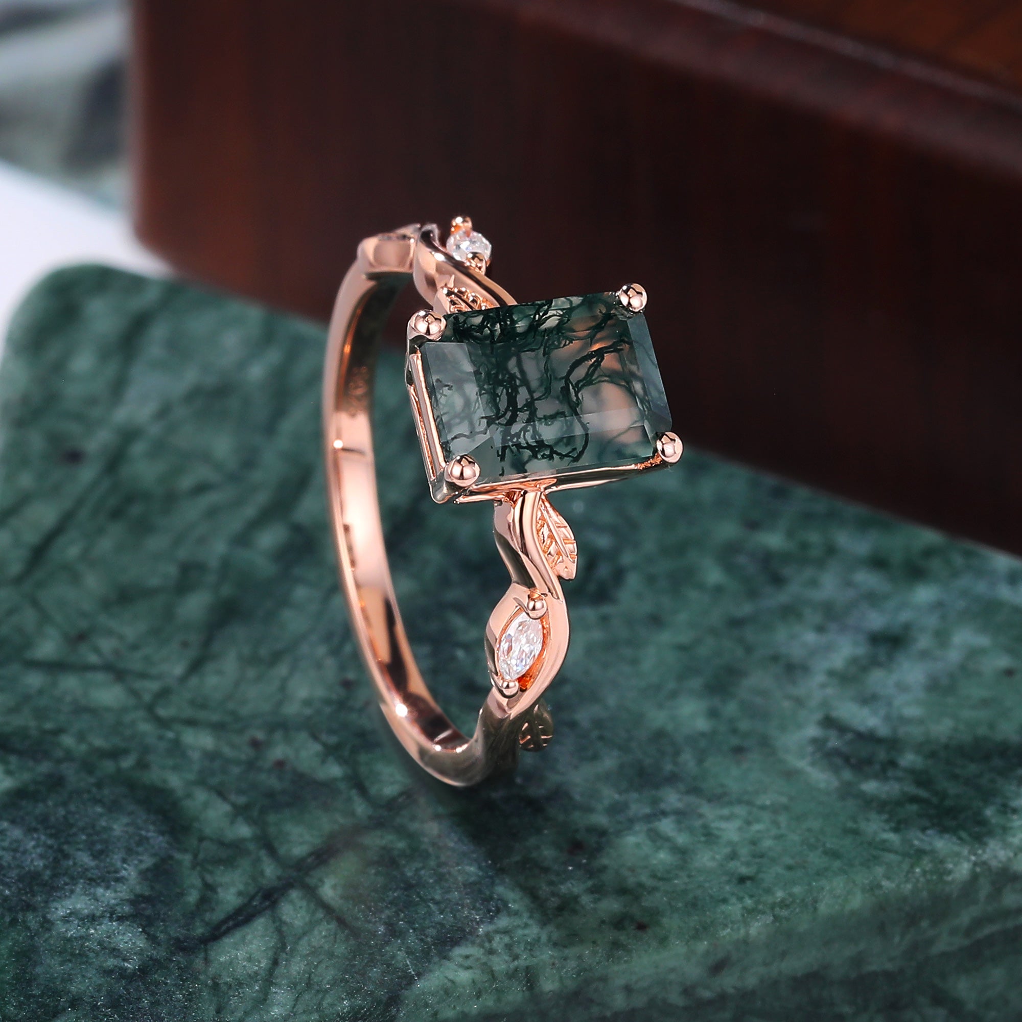 Emerald cut Moss Agate engagement ring 925silver/10k/14k/18k gold , unique moissanite Bridal ring