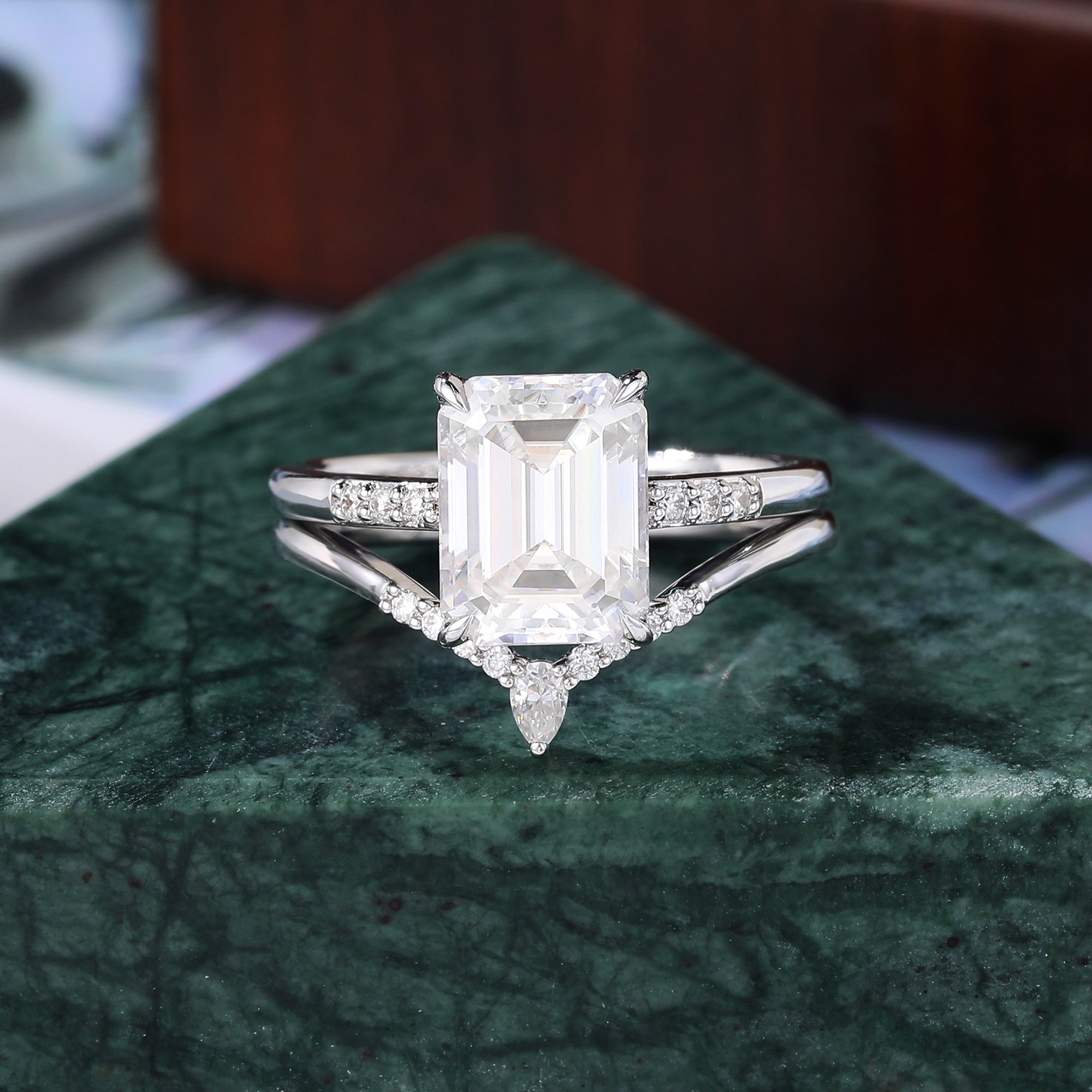 Emerald cut Moissanite white gold Engagement Ring Set, Cluster  Rose/white/yellow Gold Bridal Wedding band