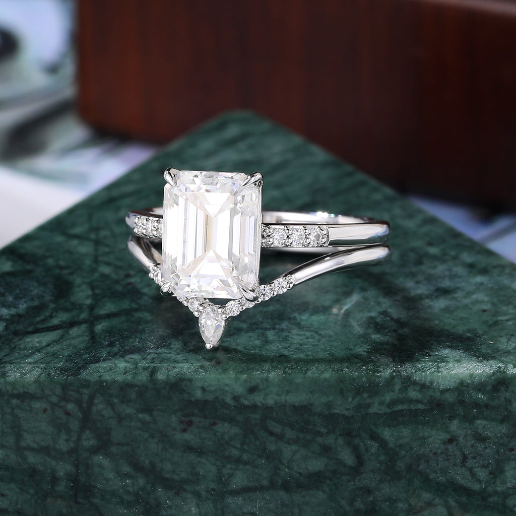 Emerald cut Moissanite white gold Engagement Ring Set, Cluster  Rose/white/yellow Gold Bridal Wedding band