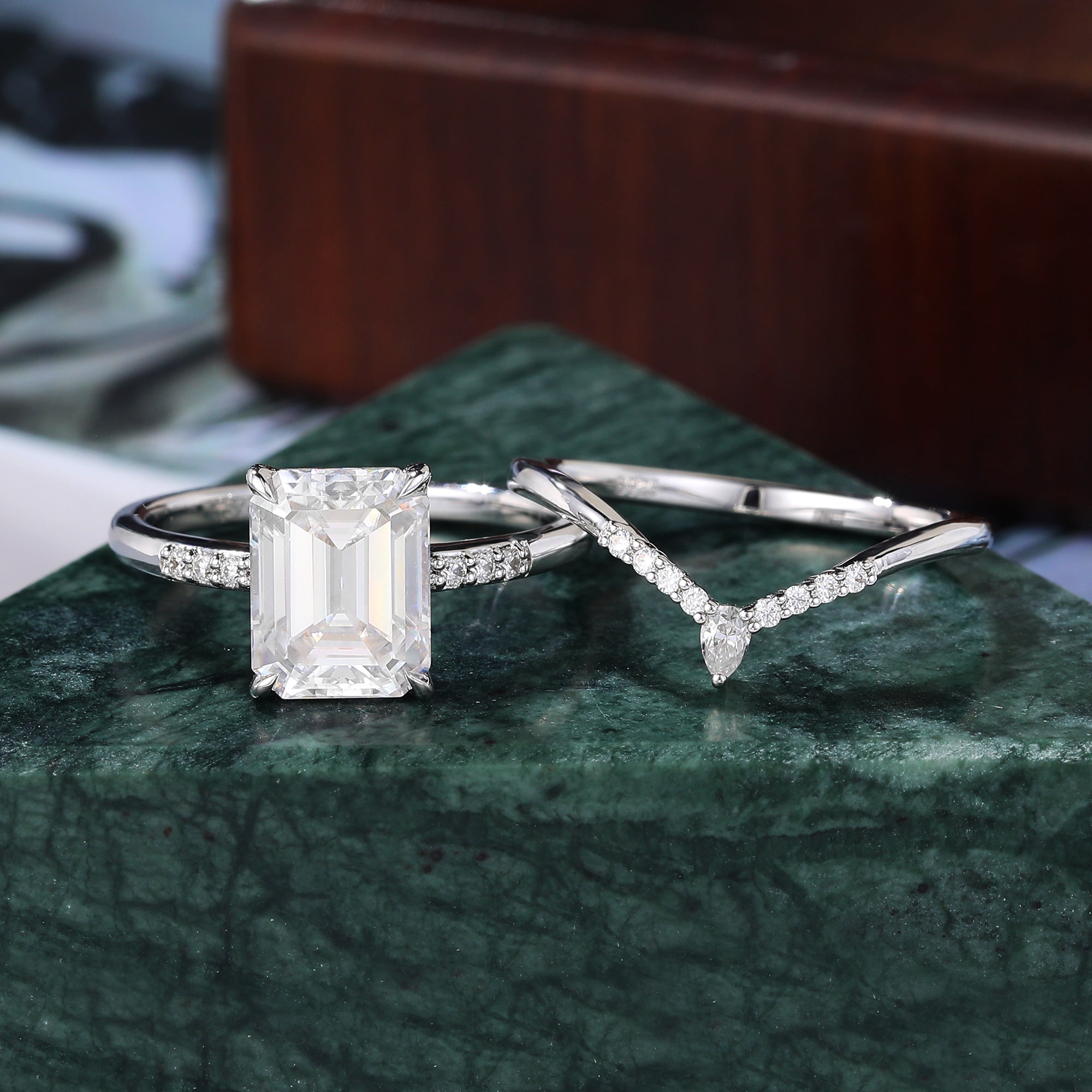 Emerald cut Moissanite white gold Engagement Ring Set, Cluster  Rose/white/yellow Gold Bridal Wedding band