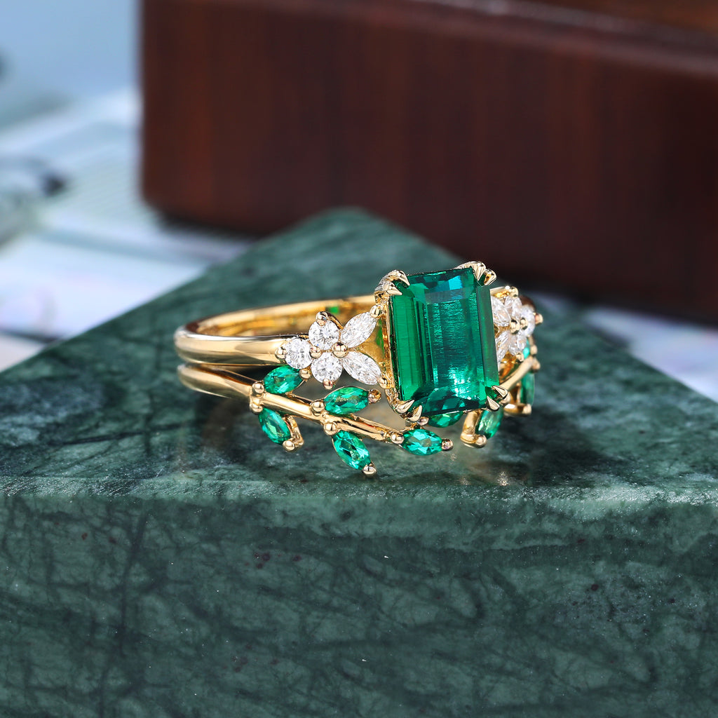 Lab emerald yellow gold wedding ring set unique 925silver rose gold/white gold/yellow gold wedding ring 10k/14k/18k gold.