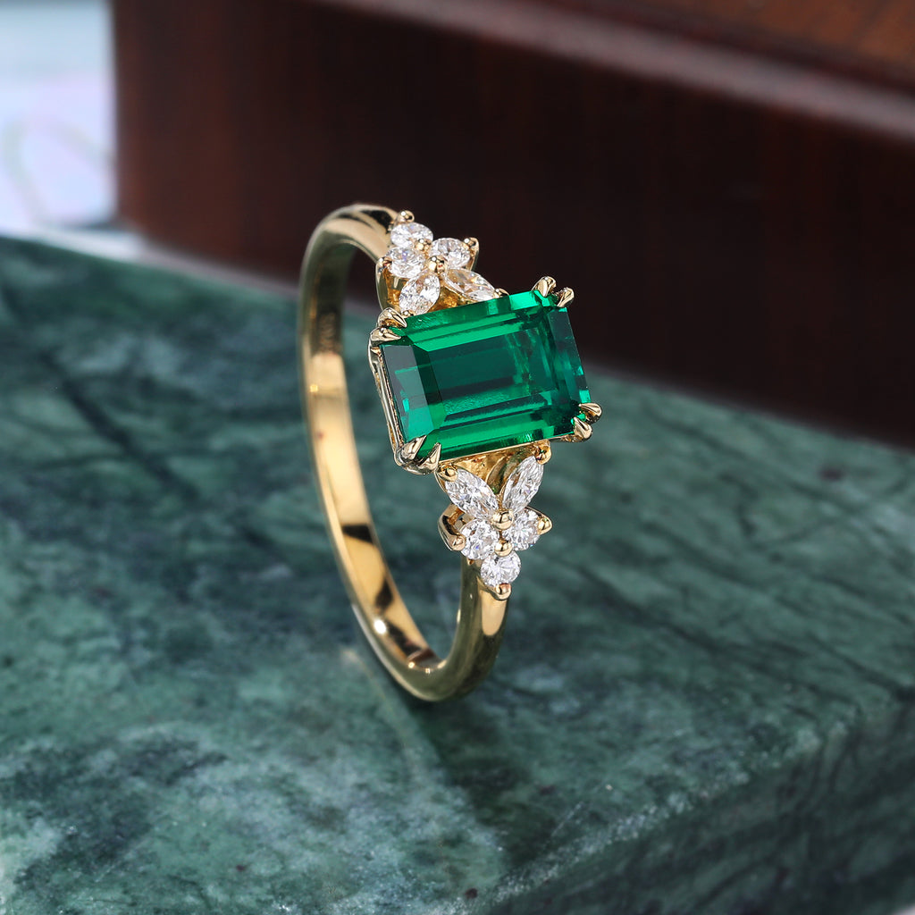 Vintage 1.68CT Lab emerald engagement Ring. unique moissanite ring , S925/10k/14k/18k gold ring