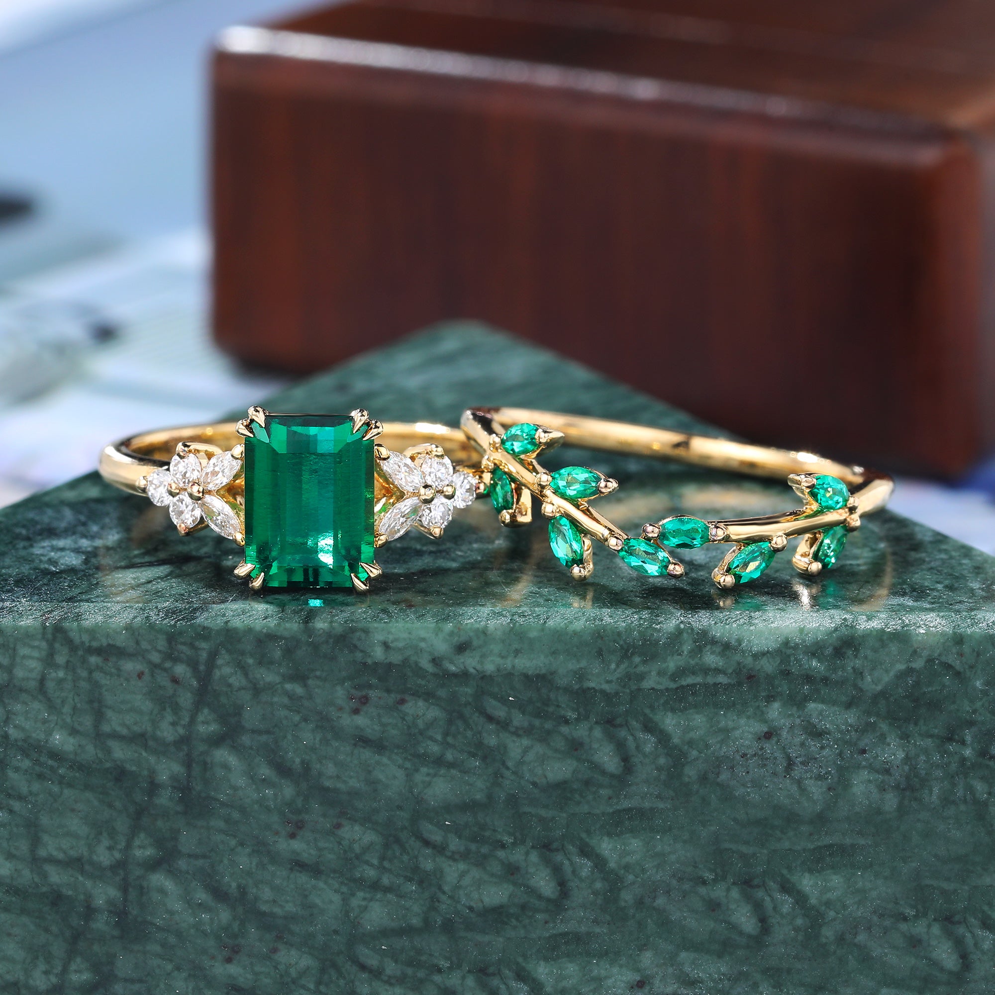 Lab emerald yellow gold wedding ring set unique 925silver rose gold/white gold/yellow gold wedding ring 10k/14k/18k gold.