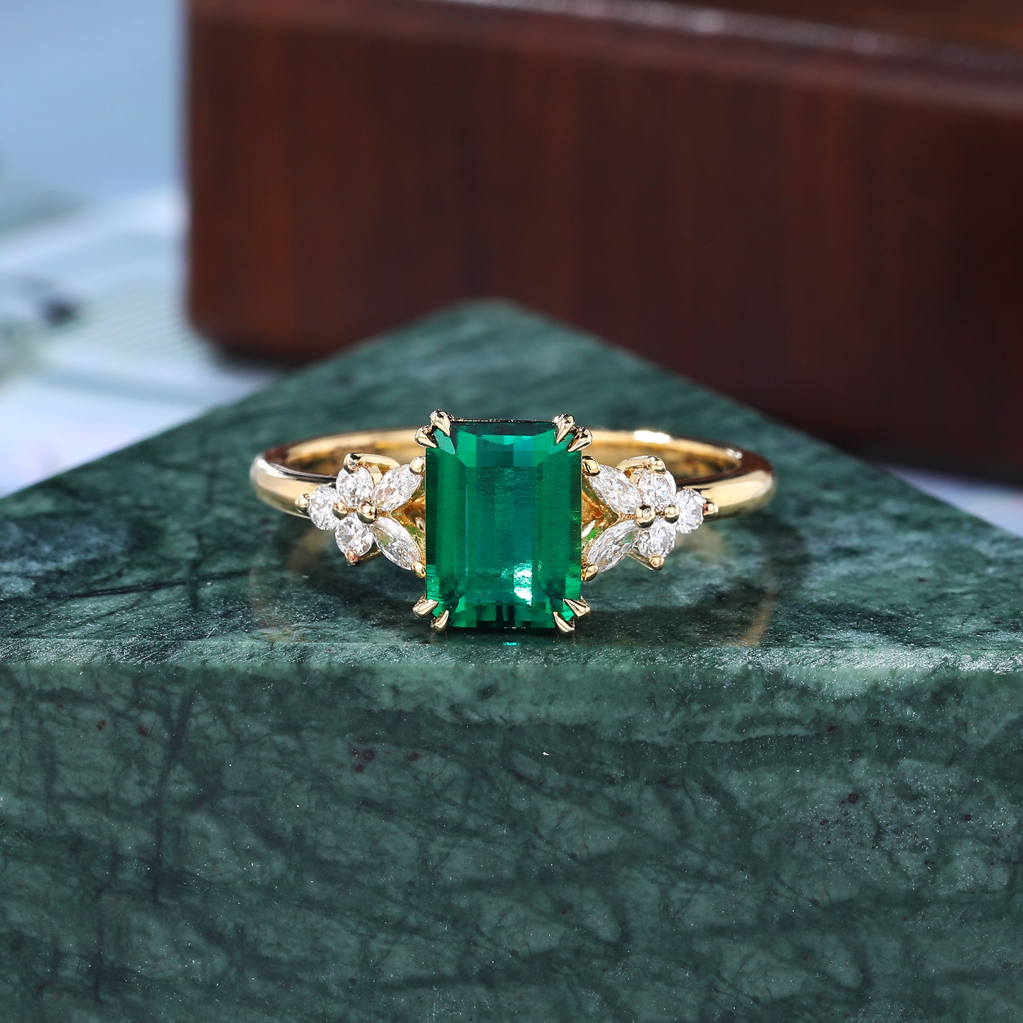 Vintage 1.68CT Lab emerald engagement Ring. unique moissanite ring , S925/10k/14k/18k gold ring