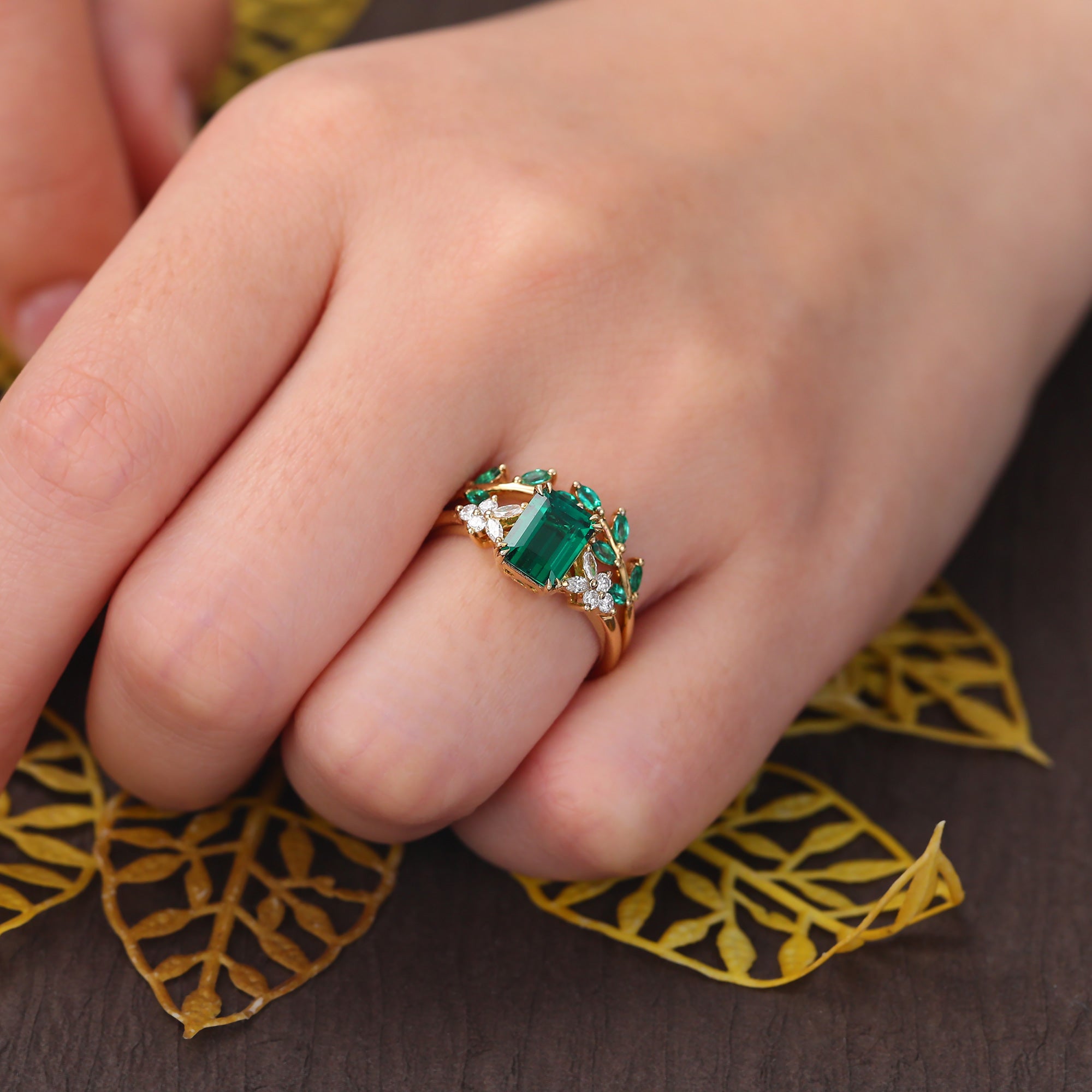 Lab emerald yellow gold wedding ring set unique 925silver rose gold/white gold/yellow gold wedding ring 10k/14k/18k gold.