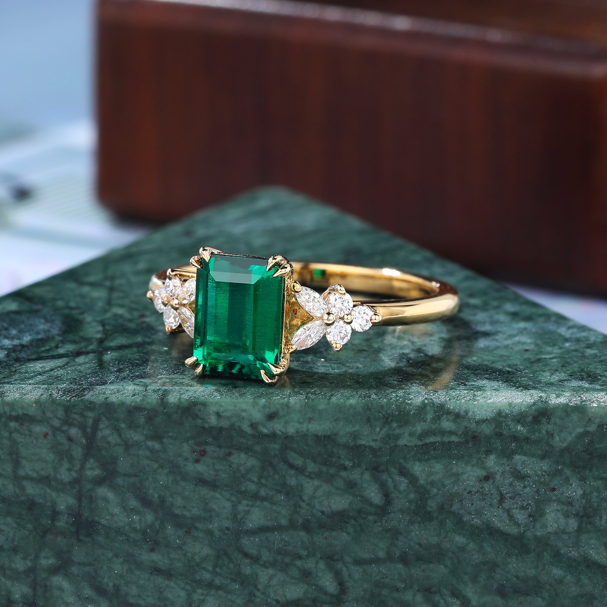 Vintage 1.68CT Lab emerald engagement Ring. unique moissanite ring , S925/10k/14k/18k gold ring