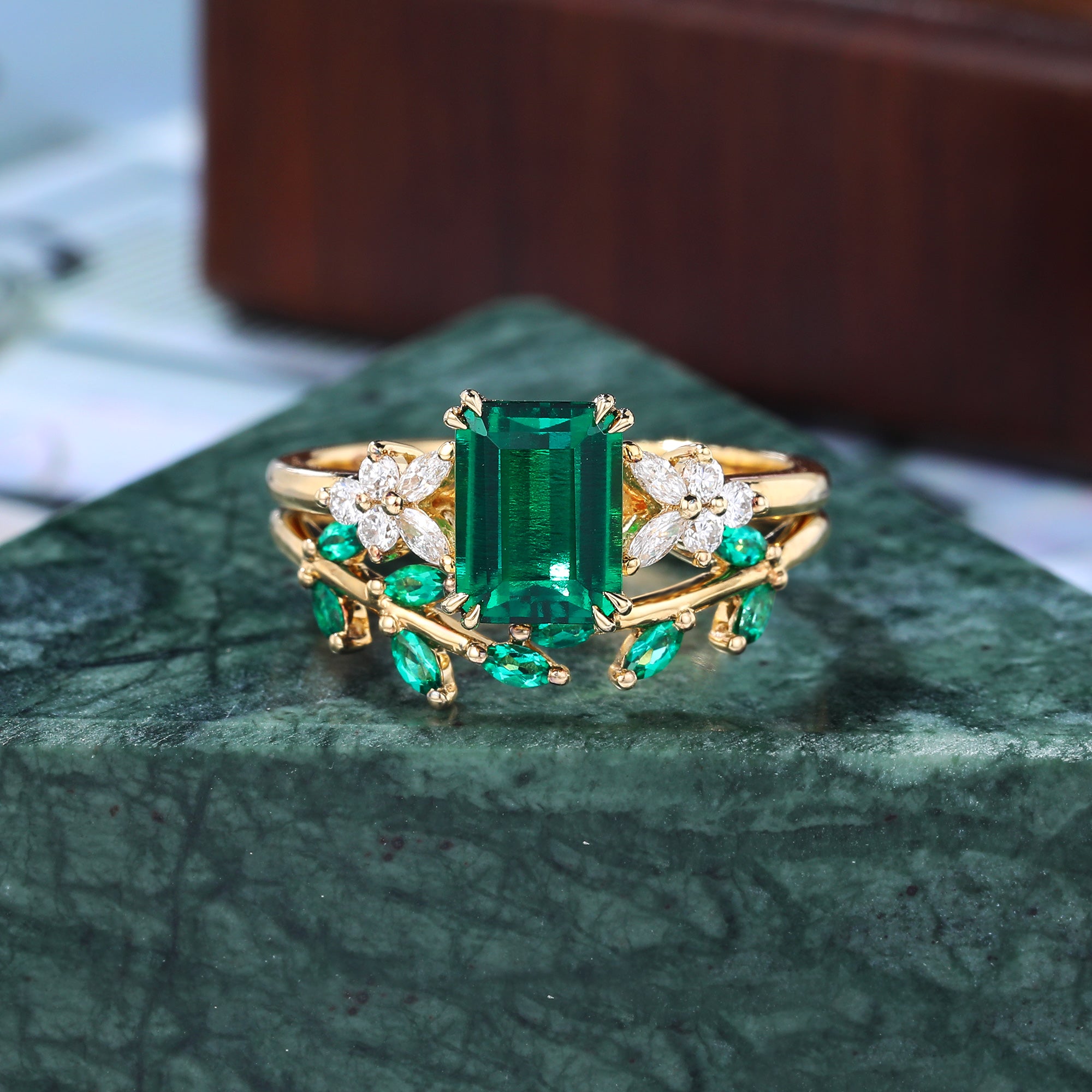 Lab emerald yellow gold wedding ring set unique 925silver rose gold/white gold/yellow gold wedding ring 10k/14k/18k gold.