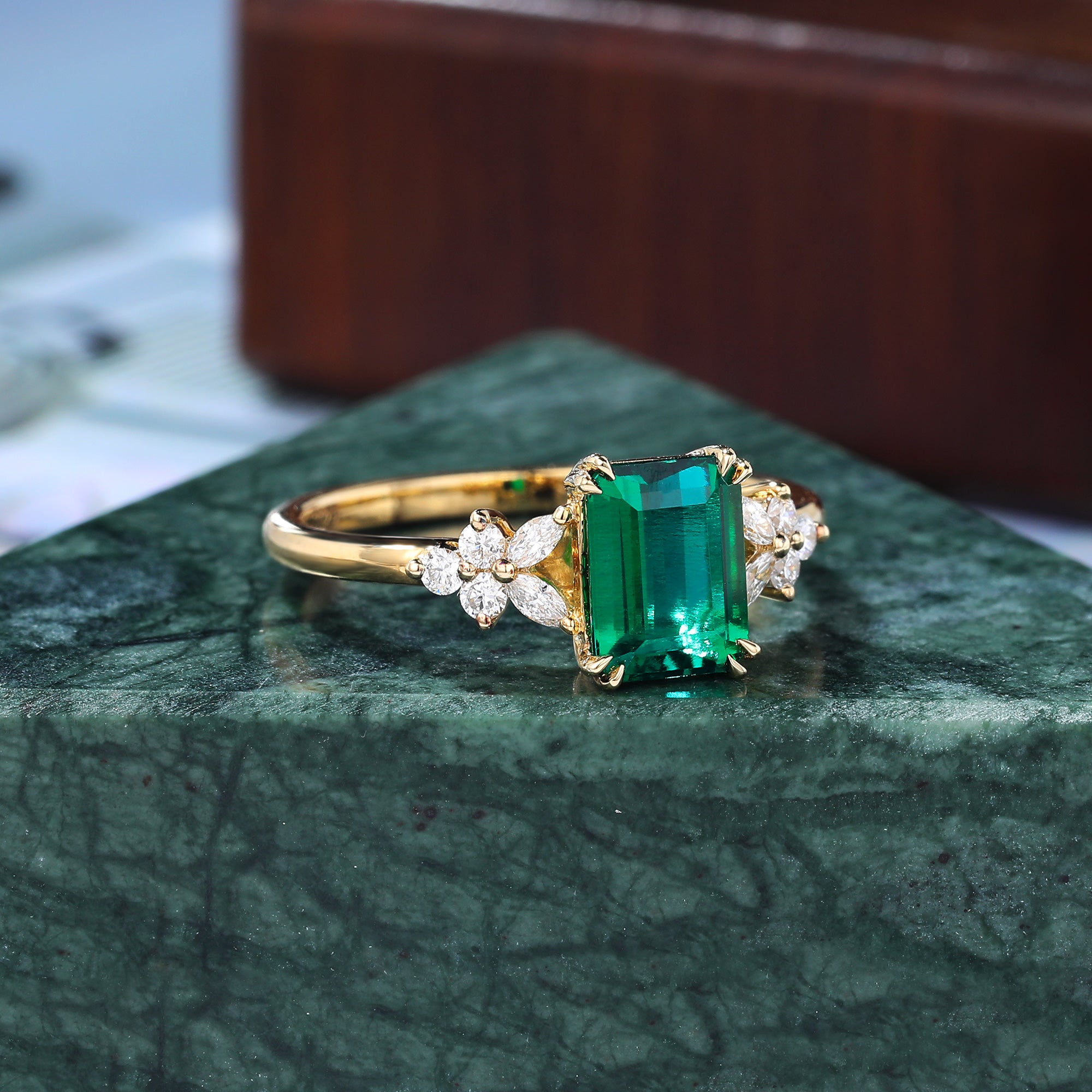 Vintage 1.68CT Lab emerald engagement Ring. unique moissanite ring , S925/10k/14k/18k gold ring