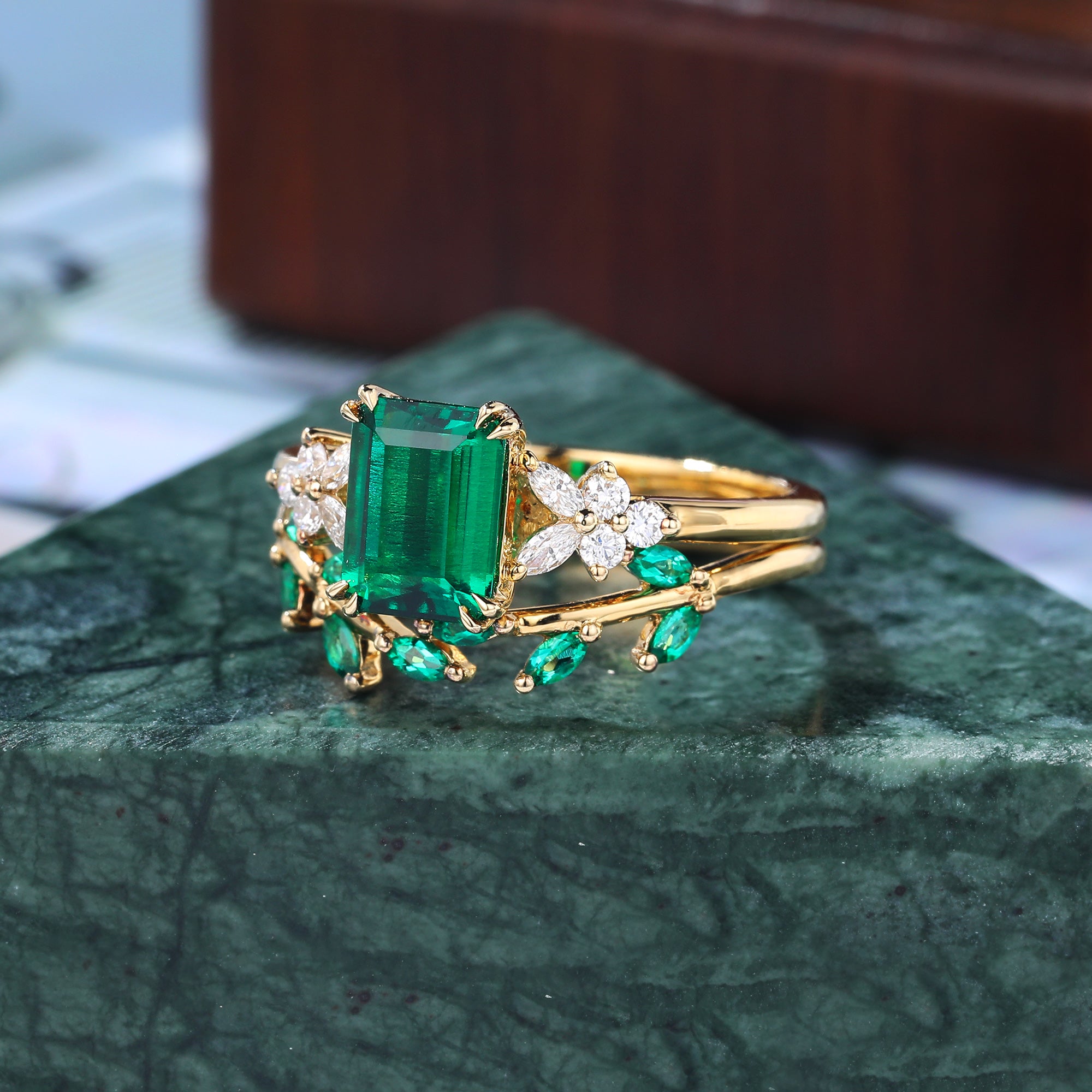 Lab emerald yellow gold wedding ring set unique 925silver rose gold/white gold/yellow gold wedding ring 10k/14k/18k gold.