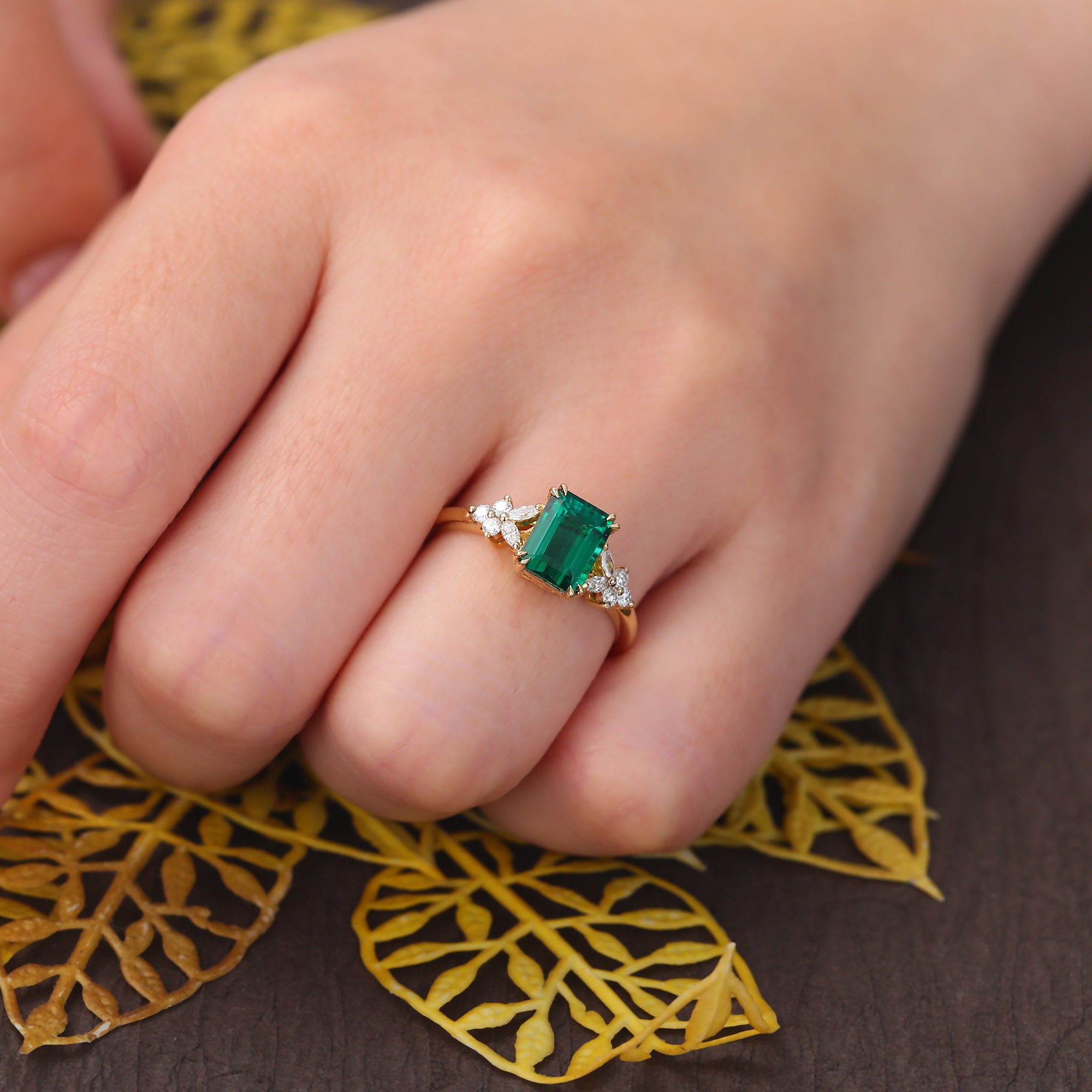 Vintage 1.68CT Lab emerald engagement Ring. unique moissanite ring , S925/10k/14k/18k gold ring