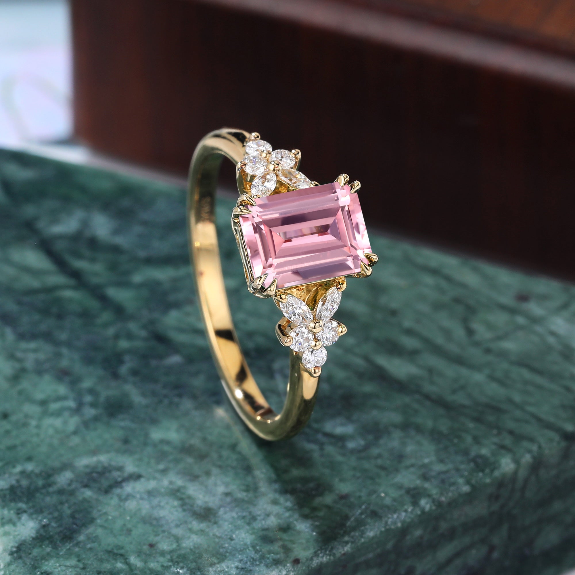 Emerald cut Lab Pink Sapphire rose gold engagement ring, rose/white/yellow gold bridal ring. S925/10k/14k/18k