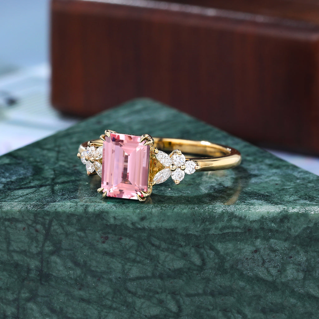 Emerald cut Lab Pink Sapphire rose gold engagement ring, rose/white/yellow gold bridal ring. S925/10k/14k/18k