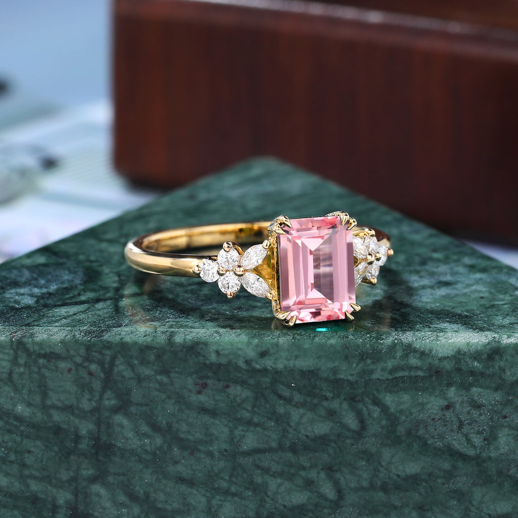 Emerald cut Lab Pink Sapphire rose gold engagement ring, rose/white/yellow gold bridal ring. S925/10k/14k/18k
