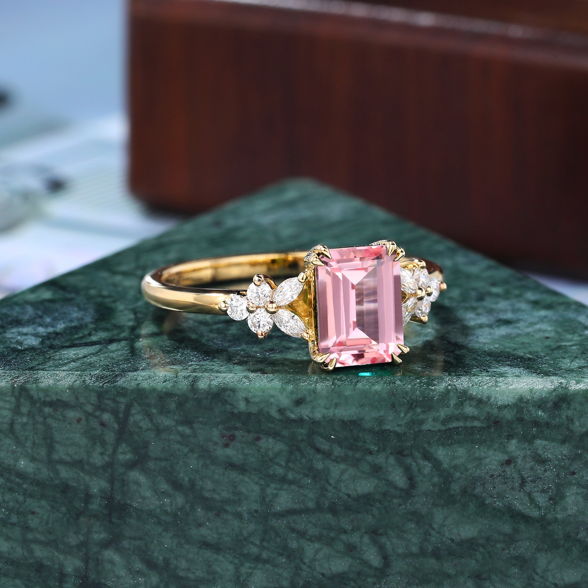Emerald cut Lab Pink Sapphire rose gold engagement ring, rose/white/yellow gold bridal ring. S925/10k/14k/18k