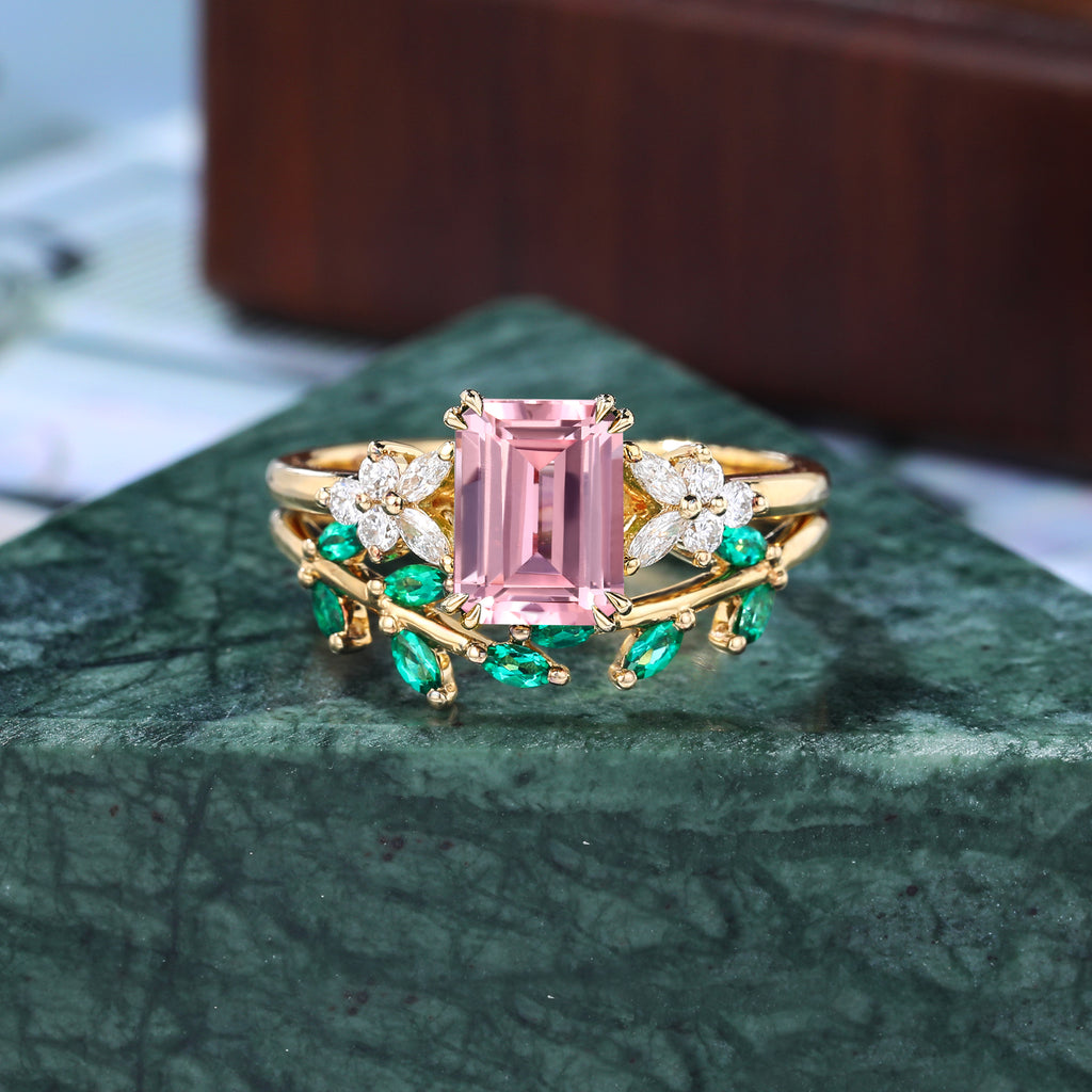 Emerald cut Lab Pink Sapphire yellow gold wedding ring set.  rose /white/yellow gold wedding bridal ring set S925/10k/14k/18k