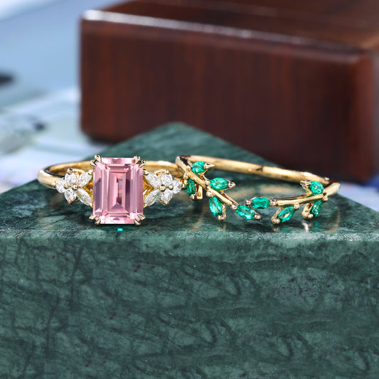 Emerald cut Lab Pink Sapphire yellow gold wedding ring set.  rose /white/yellow gold wedding bridal ring set S925/10k/14k/18k