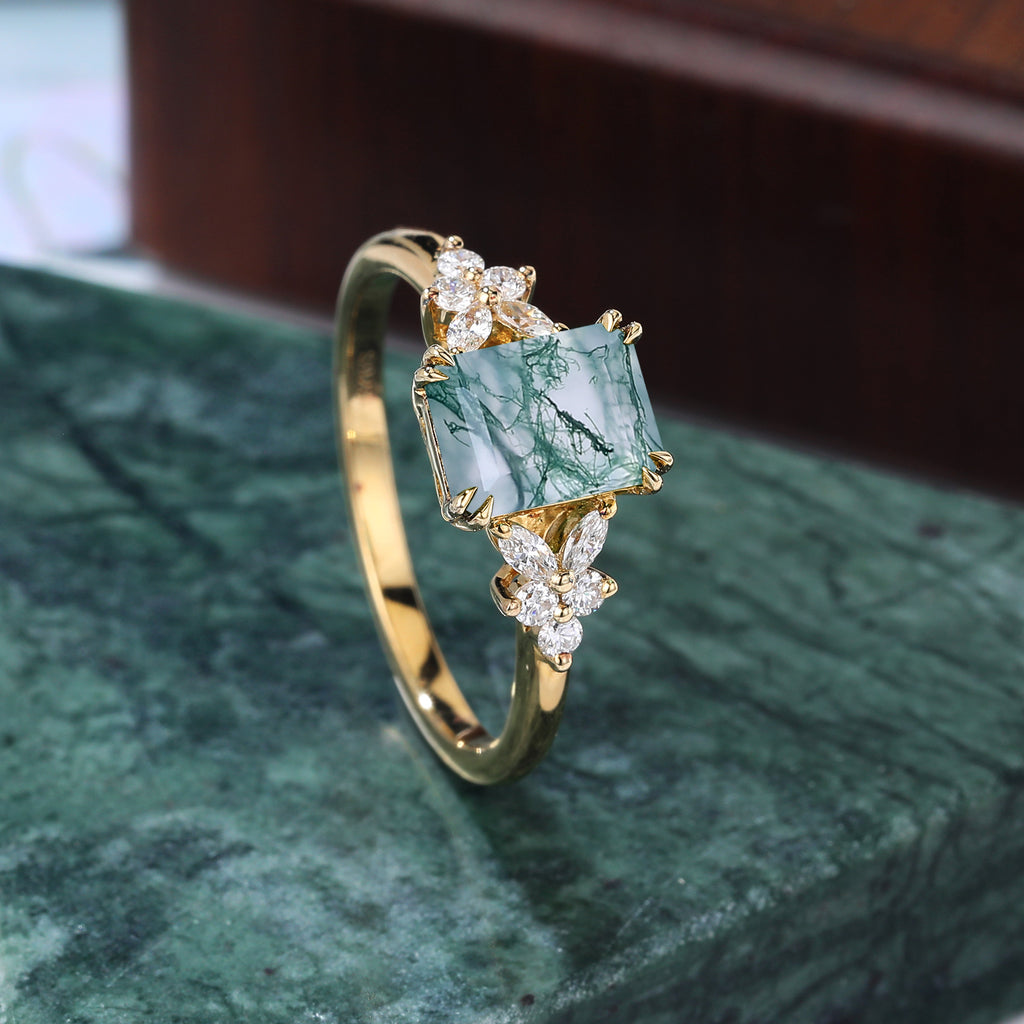 Emerald cut Moss agate yellow gold engagement ring S925/10k/14k/18k gold